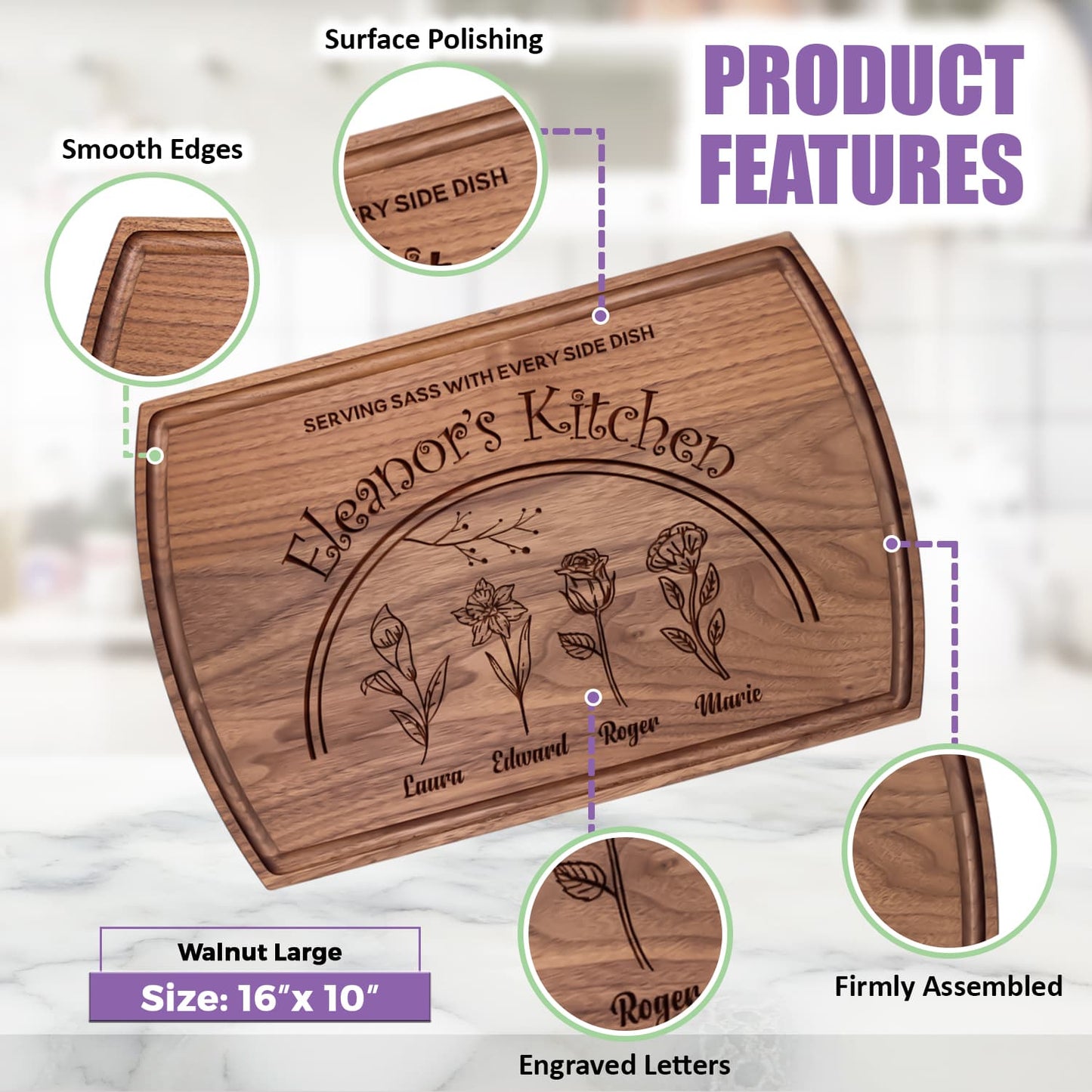 Personalized Birth Flower Cutting Board – Custom Gift for Mom or Grandma