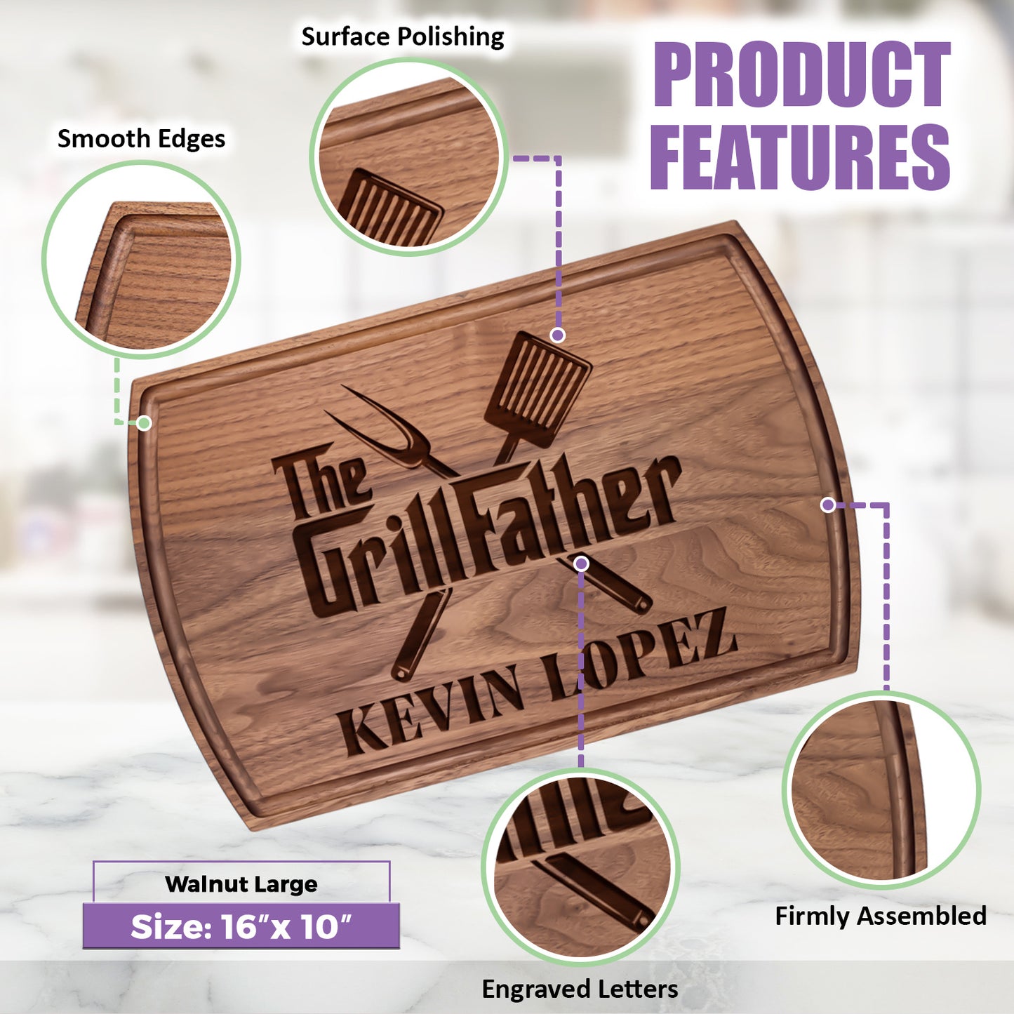Tayfus Custom BBQ Cutting Board with The GrillFather Design