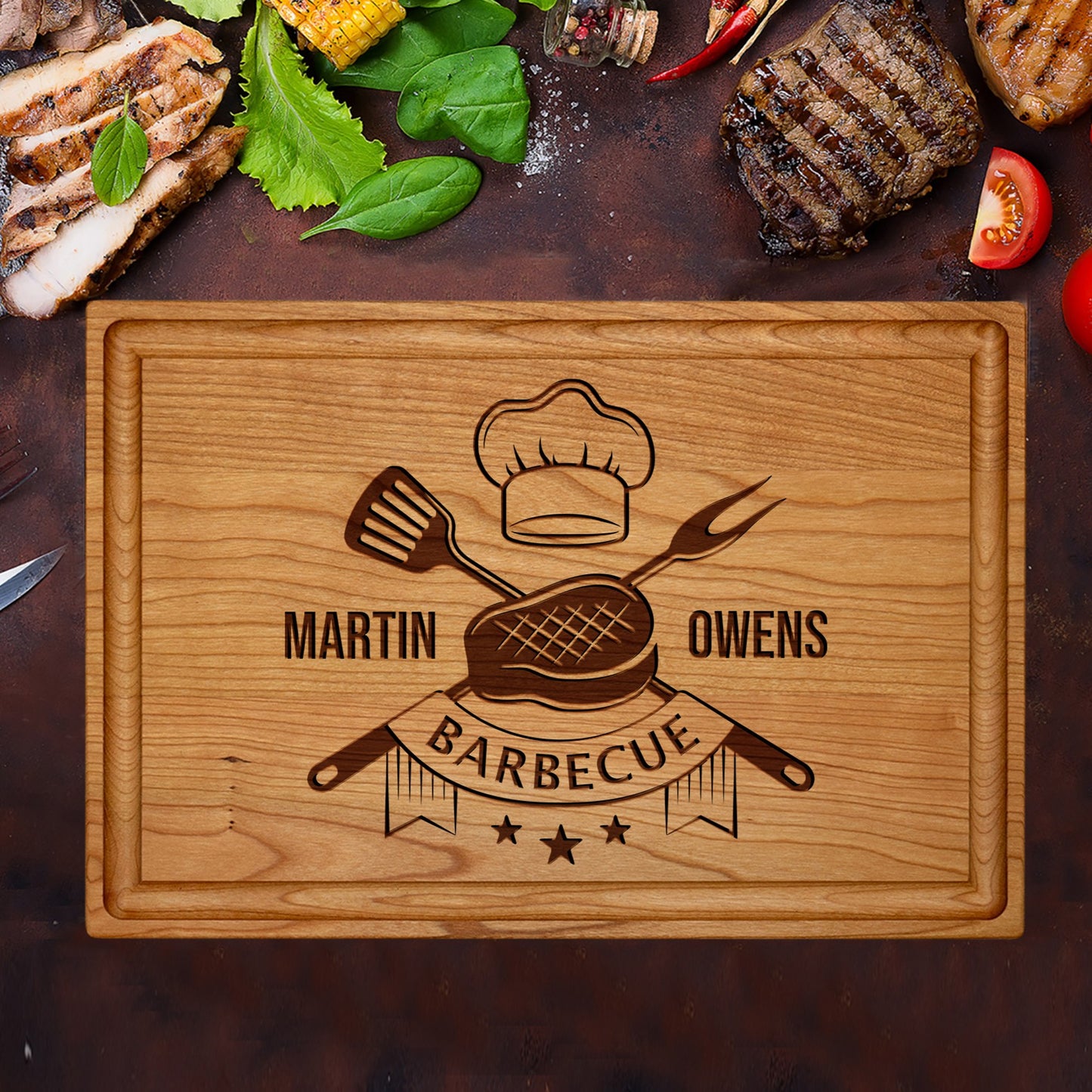 Custom Barbecue Cutting Board with Chef Hat and Grill Design - Tayfus