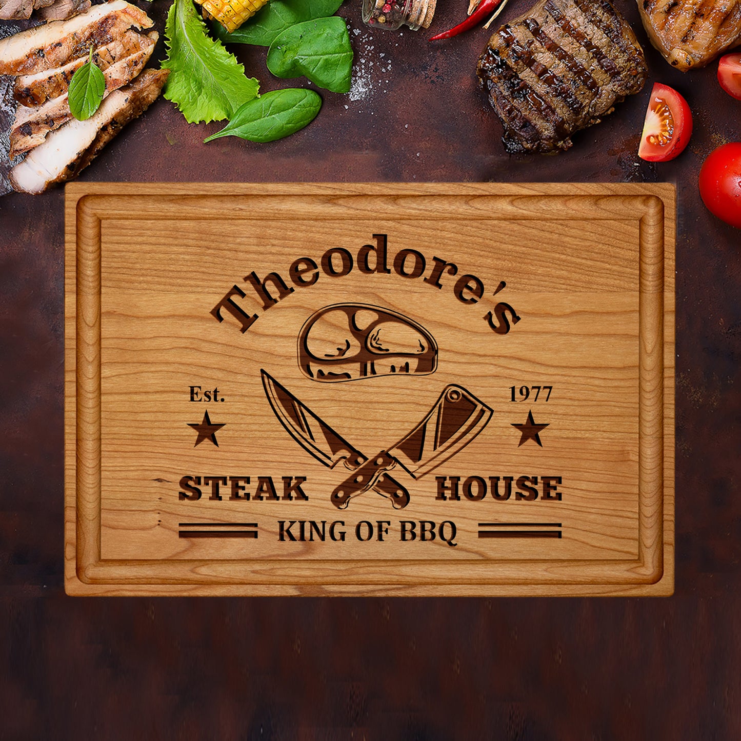 Tayfus Custom Steakhouse Cutting Board with BBQ Design