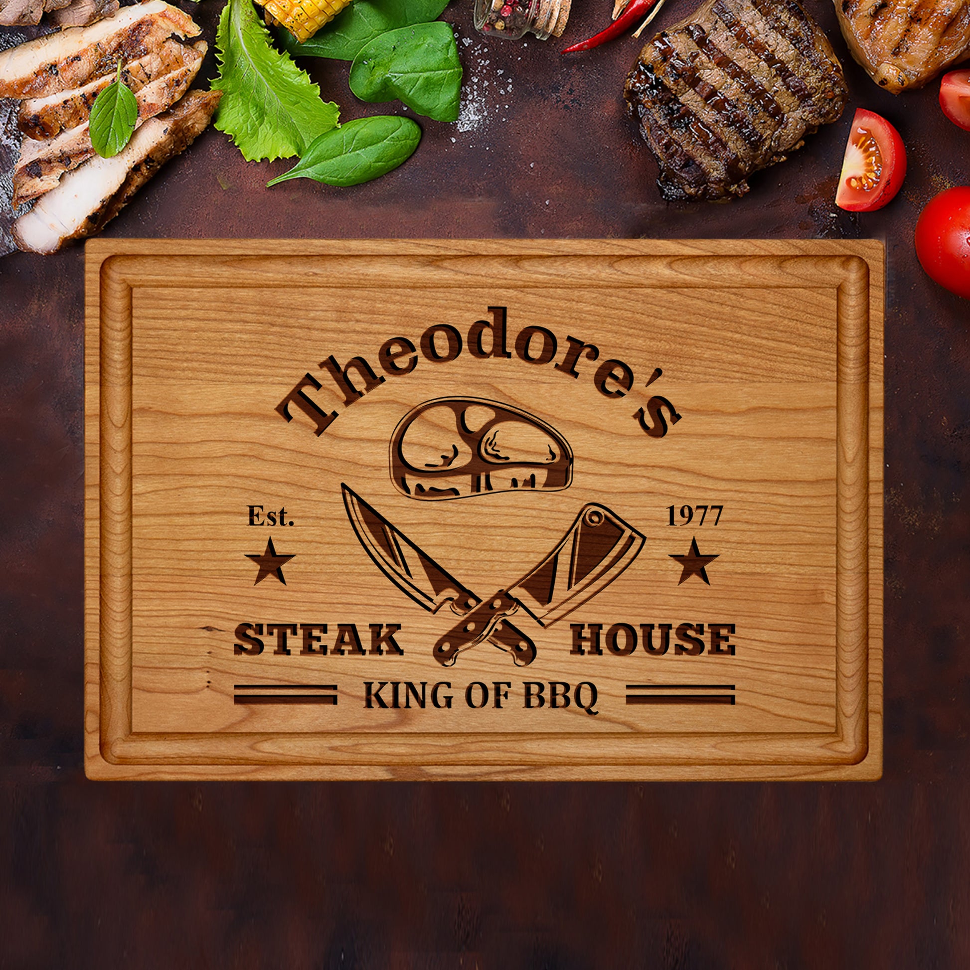 Tayfus Custom Steakhouse Cutting Board with BBQ Design