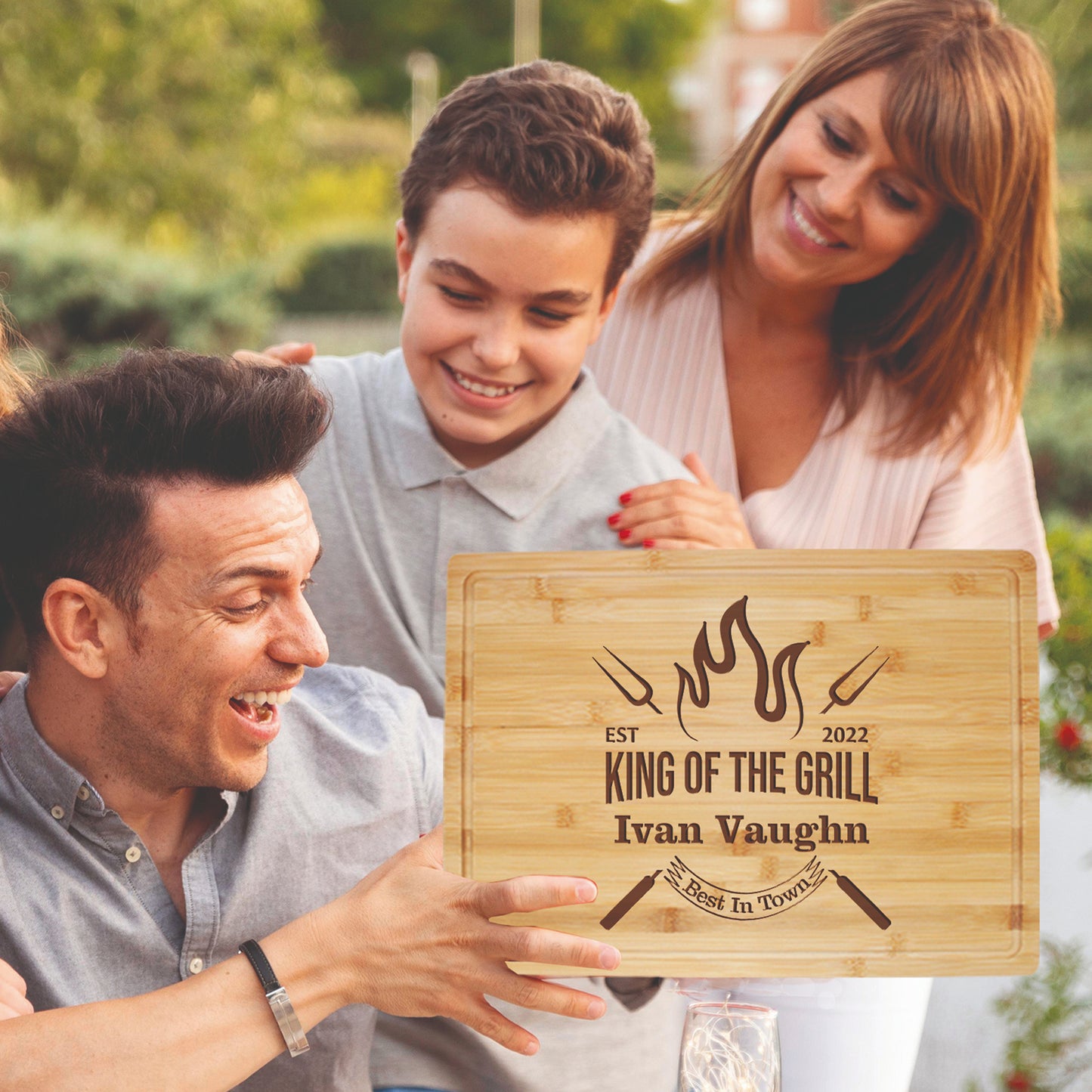 Tayfus King of the Grill Cutting Board with Flame and Utensil Design