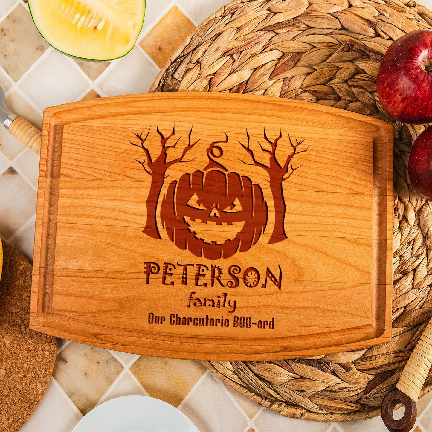 Halloween Cutting Board with Pumpkin and Spooky Tree Design - Tayfus