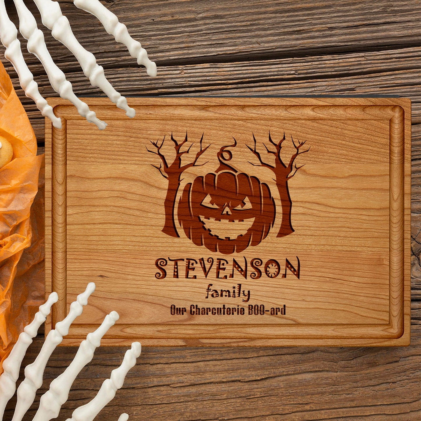 Halloween Cutting Board with Pumpkin and Spooky Tree Design - Tayfus
