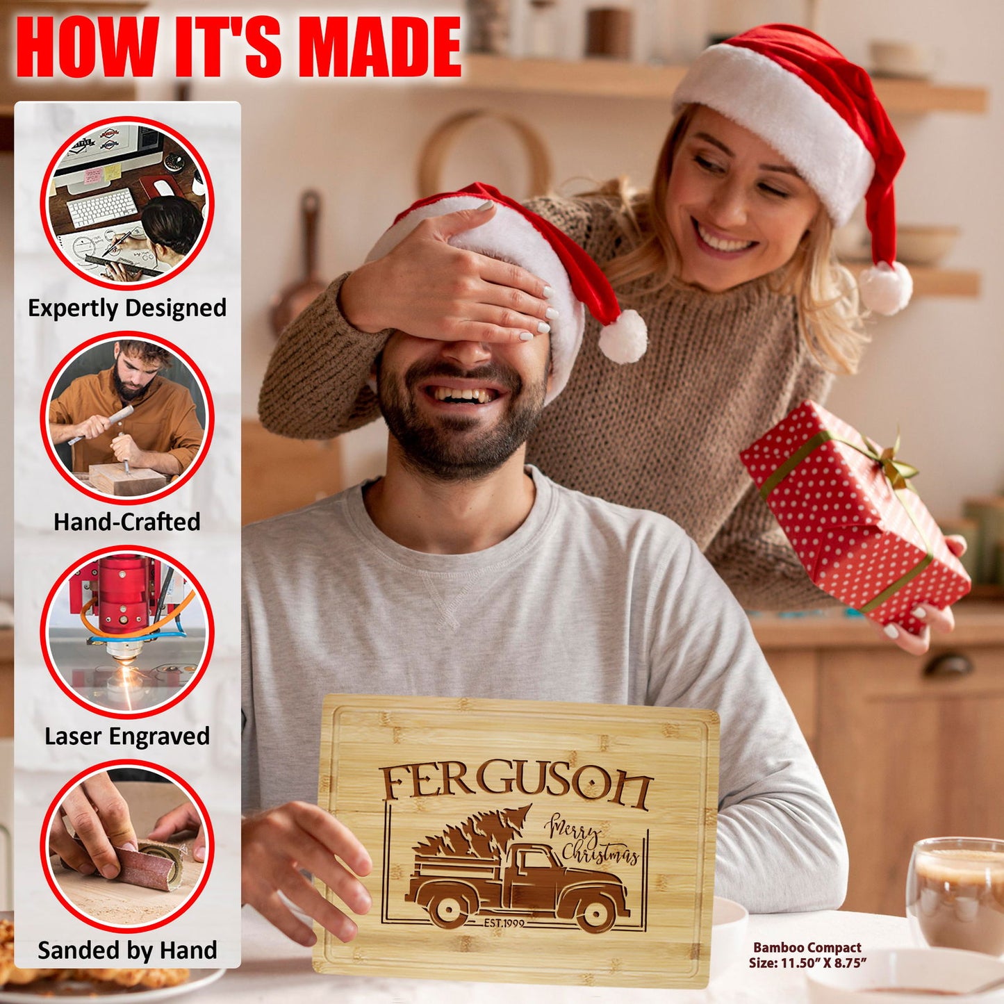 Festive Christmas Cutting Board with Vintage Truck and Family Name - Tayfus