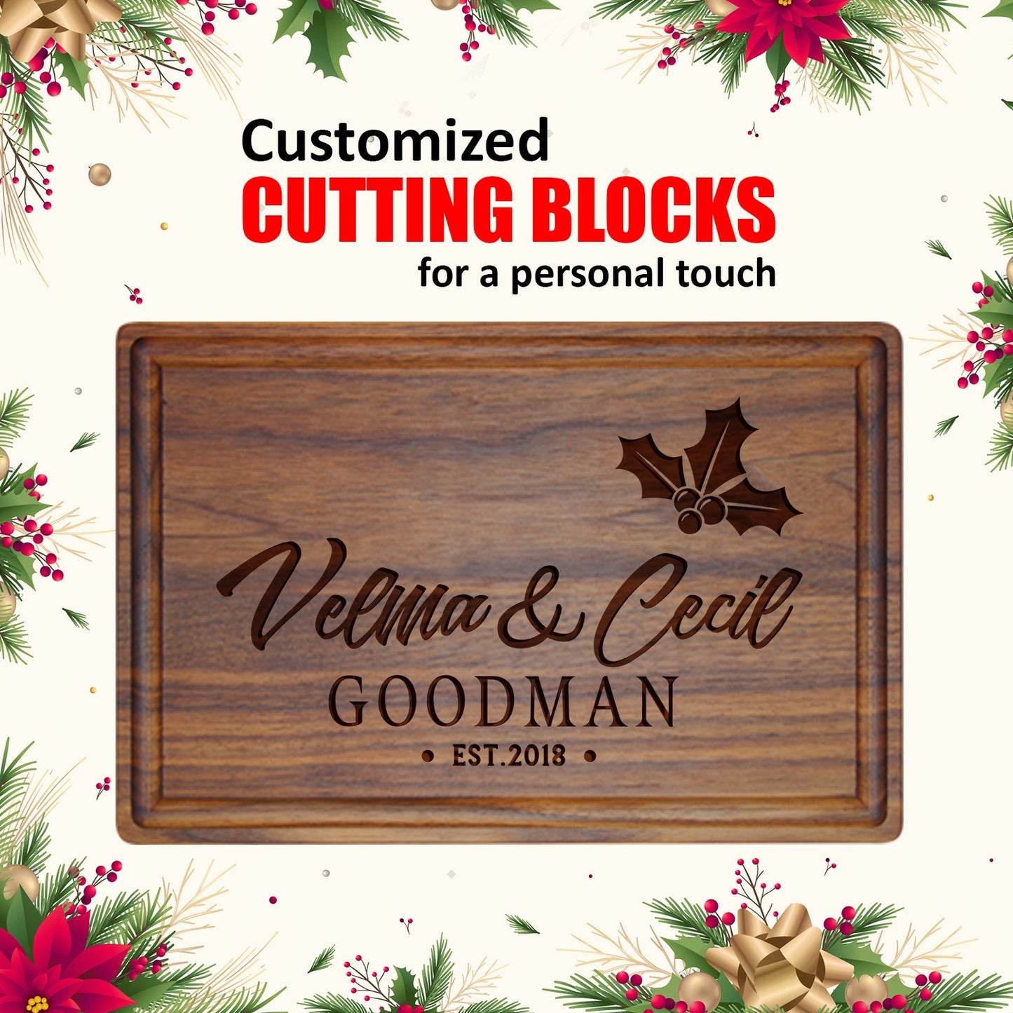 Tayfus Custom Cutting Board with Holly Design and Ribbon Details