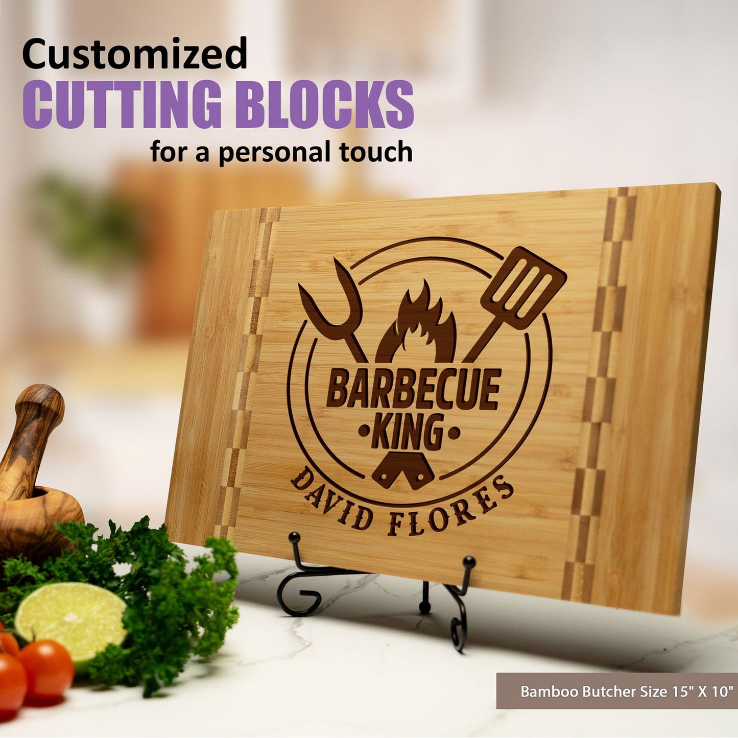 Personalized BBQ King Cutting Board with Name and Grill Tools Design - Tayfus