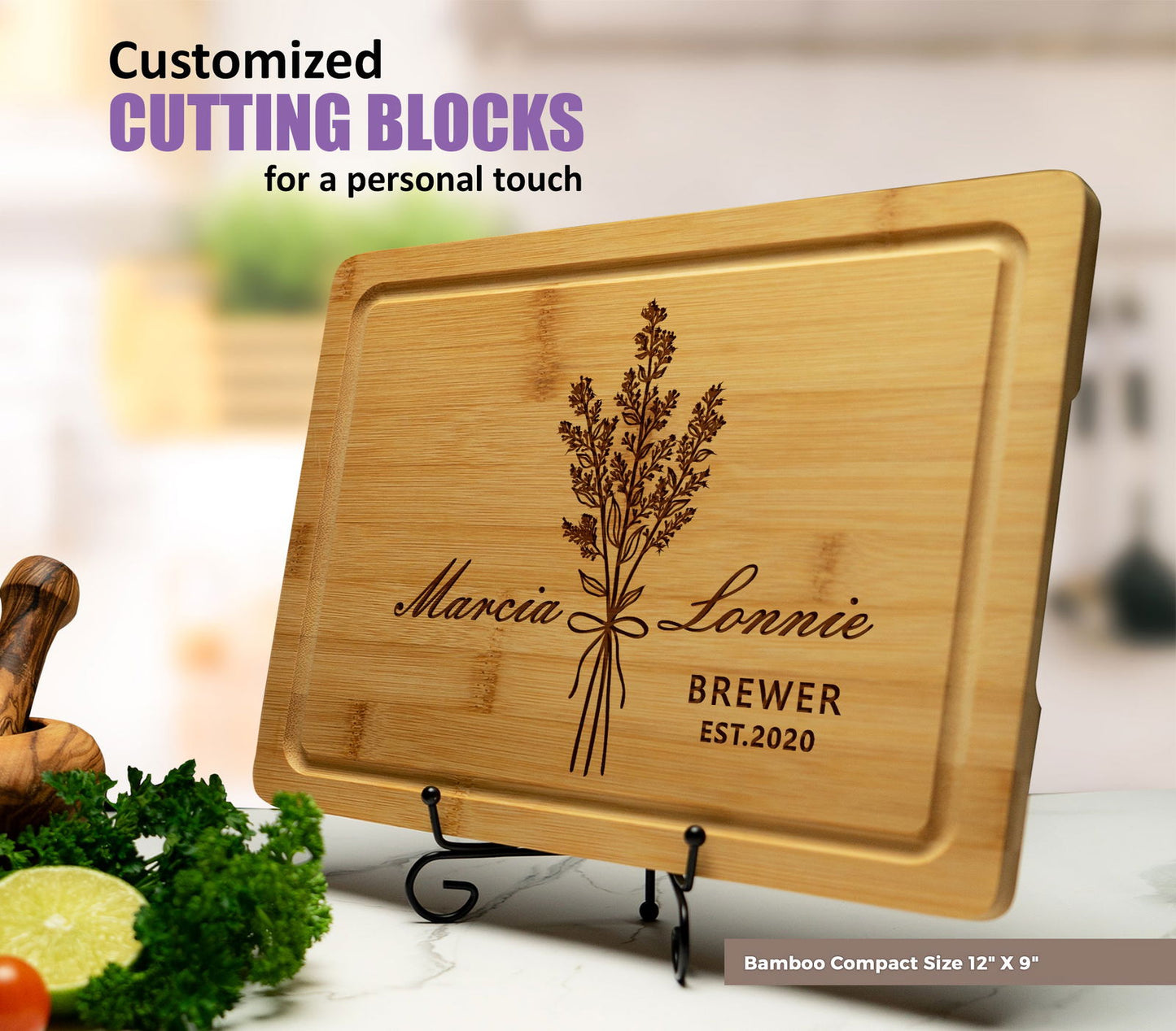 Custom Cutting Board with Floral Bouquet and Elegant Script Design - Tayfus