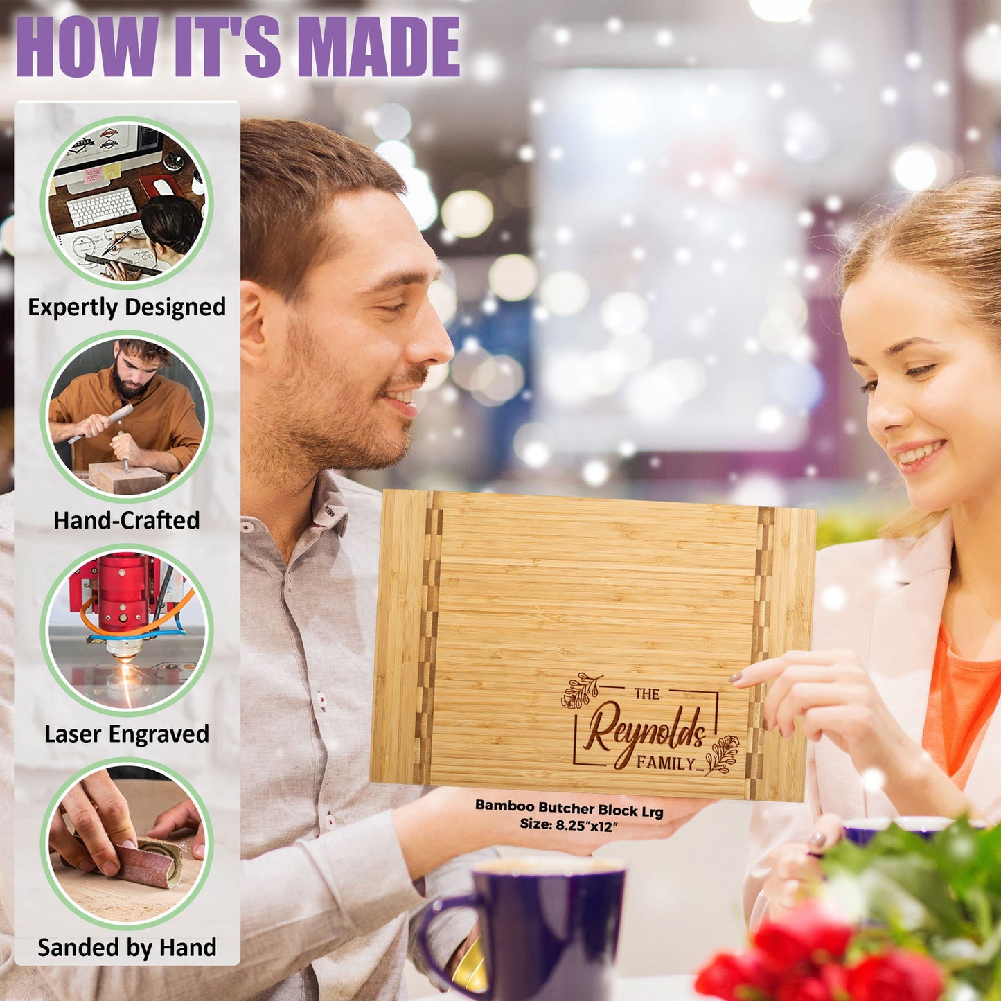 Personalized Cutting Board with Floral Frame and Family Name - Tayfus