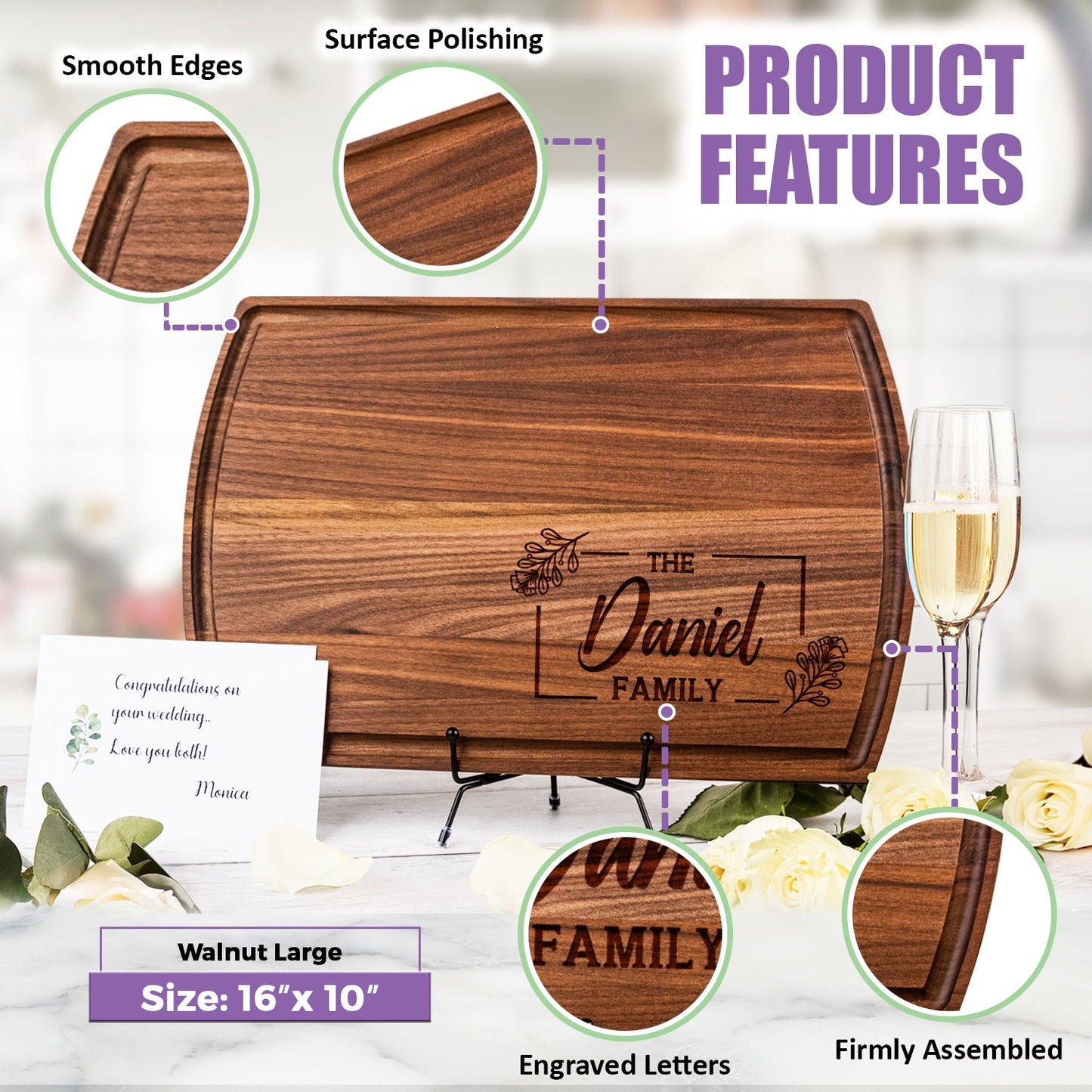 Personalized Cutting Board with Floral Frame and Family Name - Tayfus