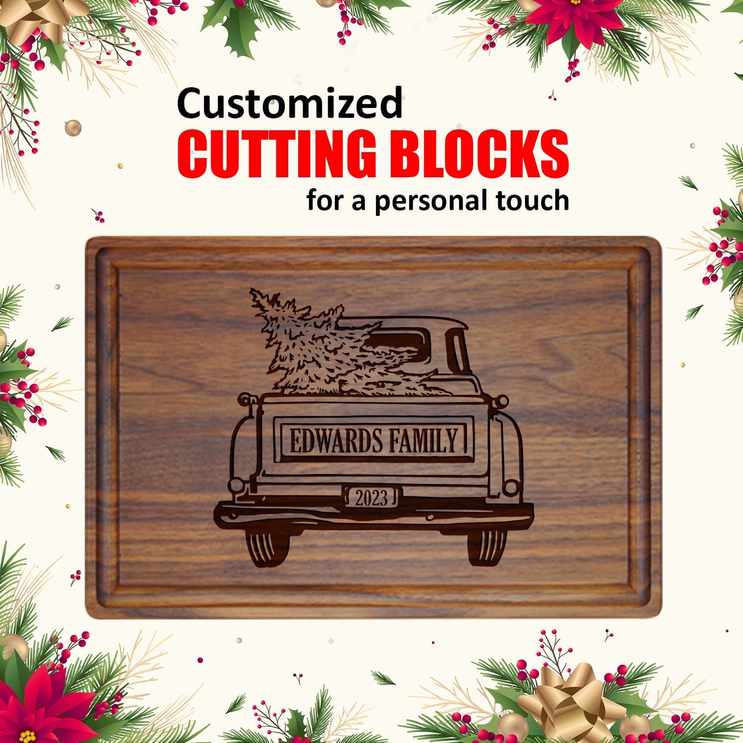 Christmas Cutting Board with Vintage Truck and Family Name - Tayfus