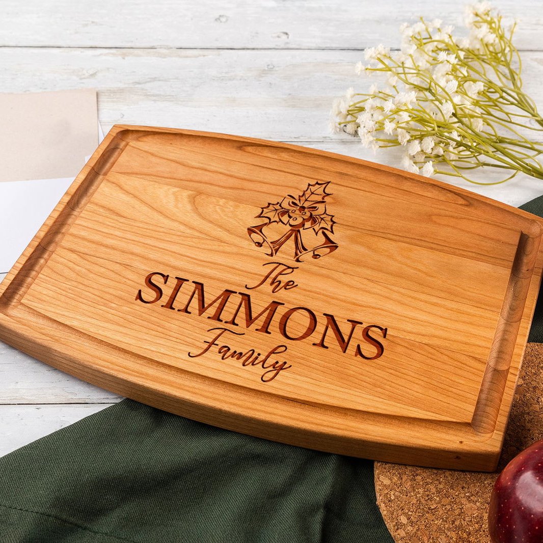 Personalized Christmas Cutting Board with Bells and Holly Design - Tayfus