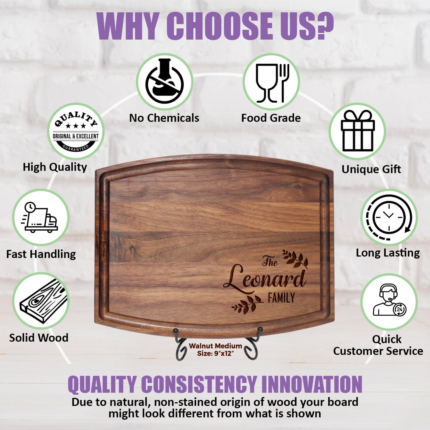 Custom Family Cutting Board with Leaf Motif and Established Year - Tayfus