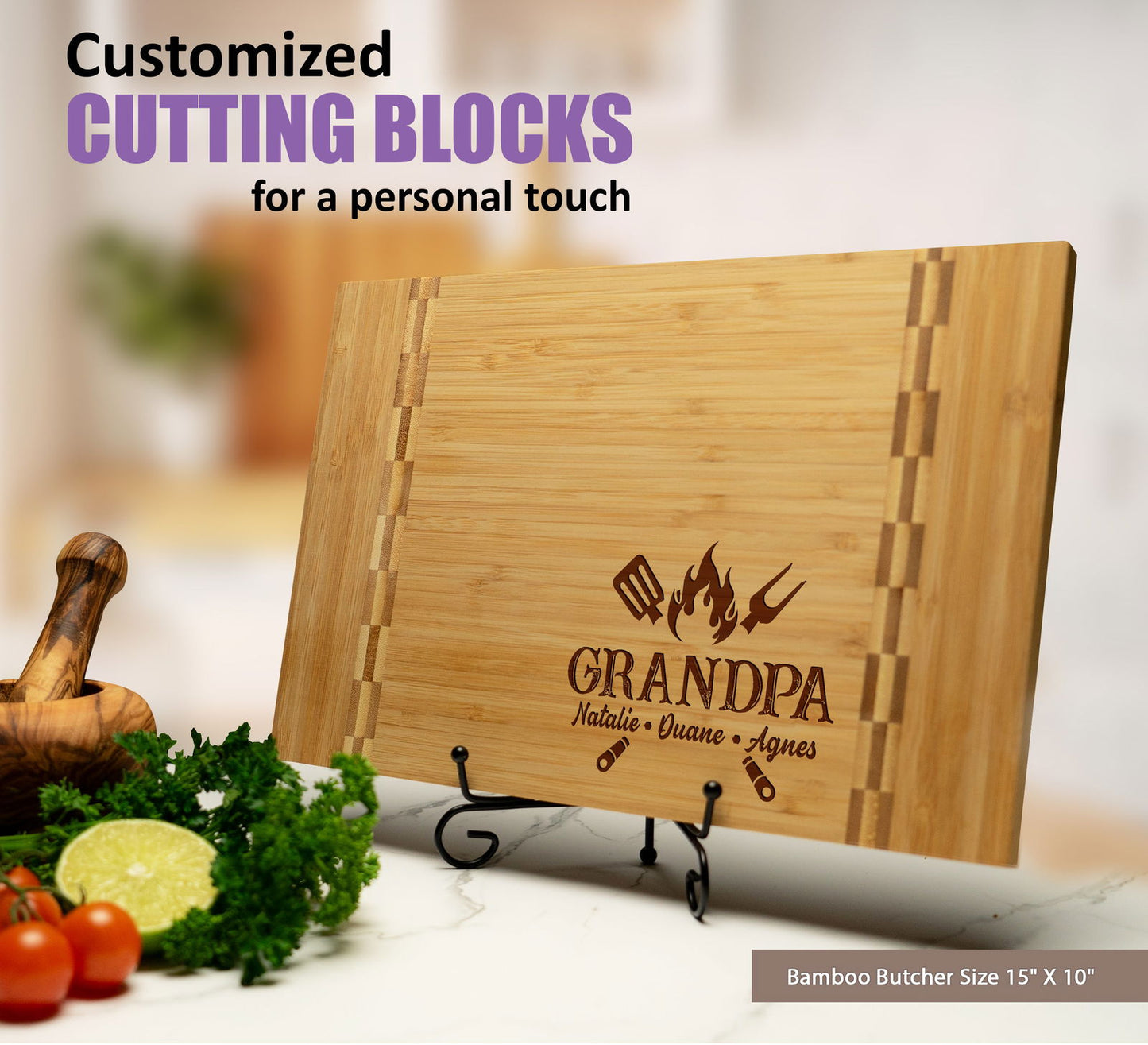 Personalized Grandpa BBQ Cutting Board with Family Names and Grill Tools - Tayfus