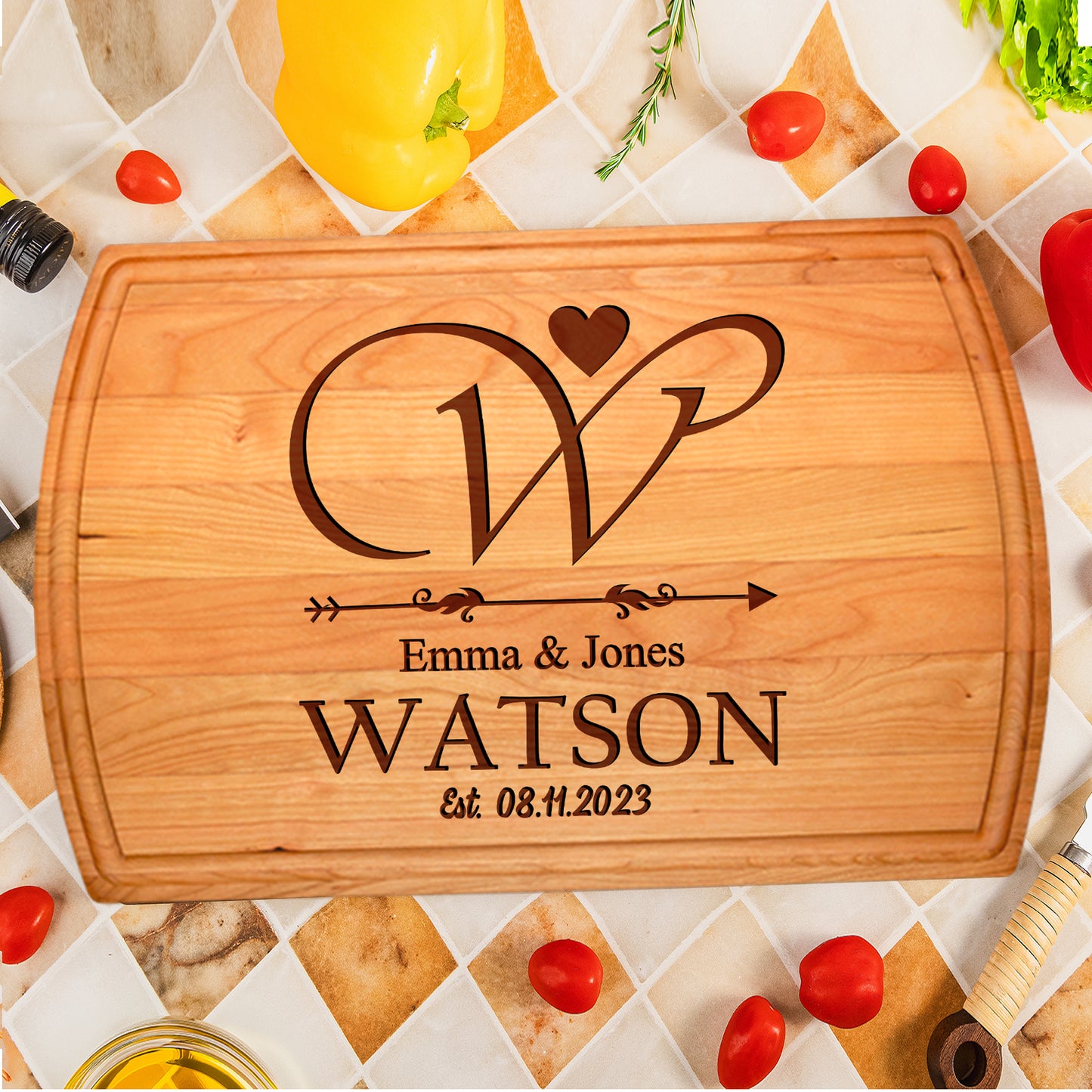 Tayfus Personalized Walnut Cutting Board - Stewart Family Heart & Arrow Design