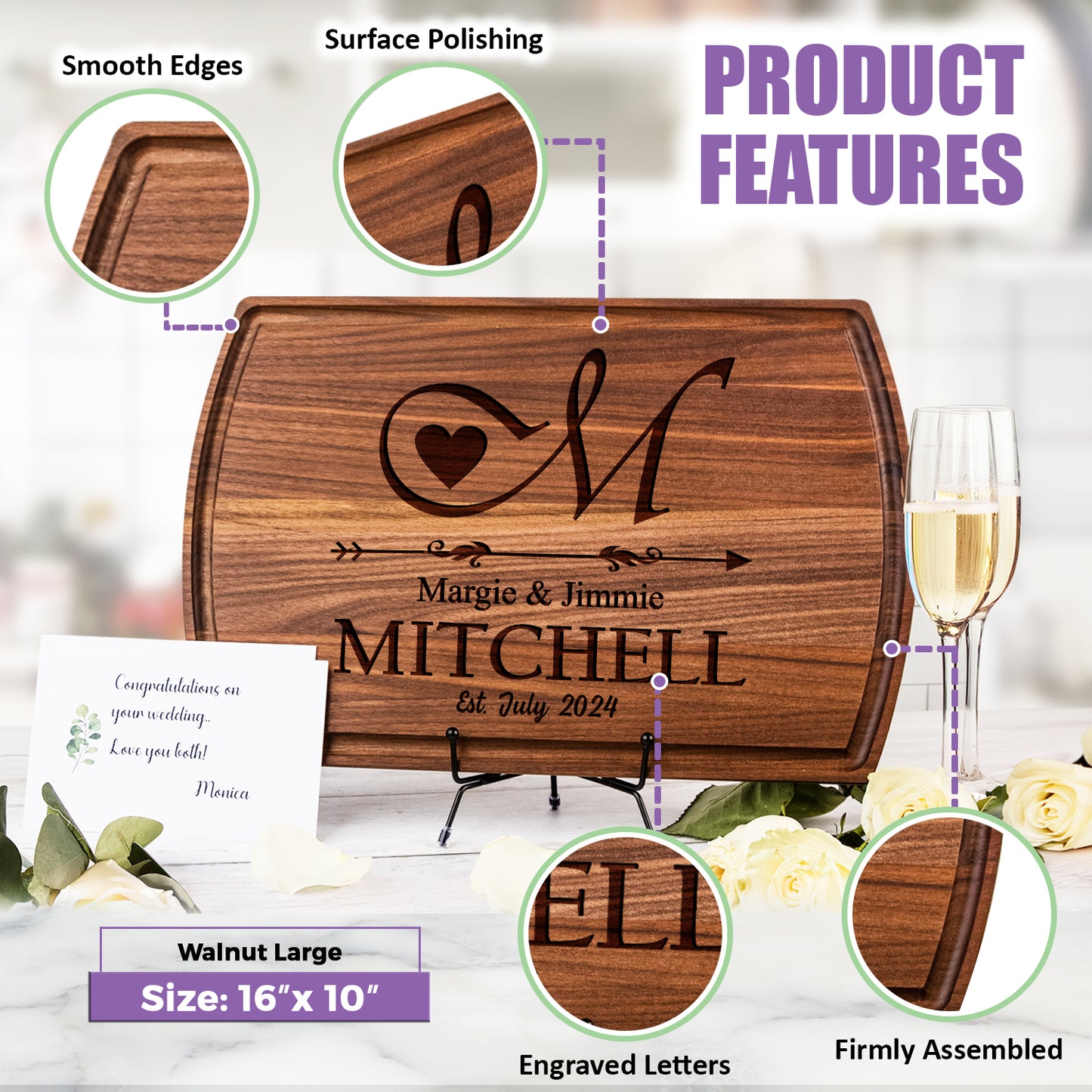 Tayfus Personalized Walnut Cutting Board - Stewart Family Heart & Arrow Design