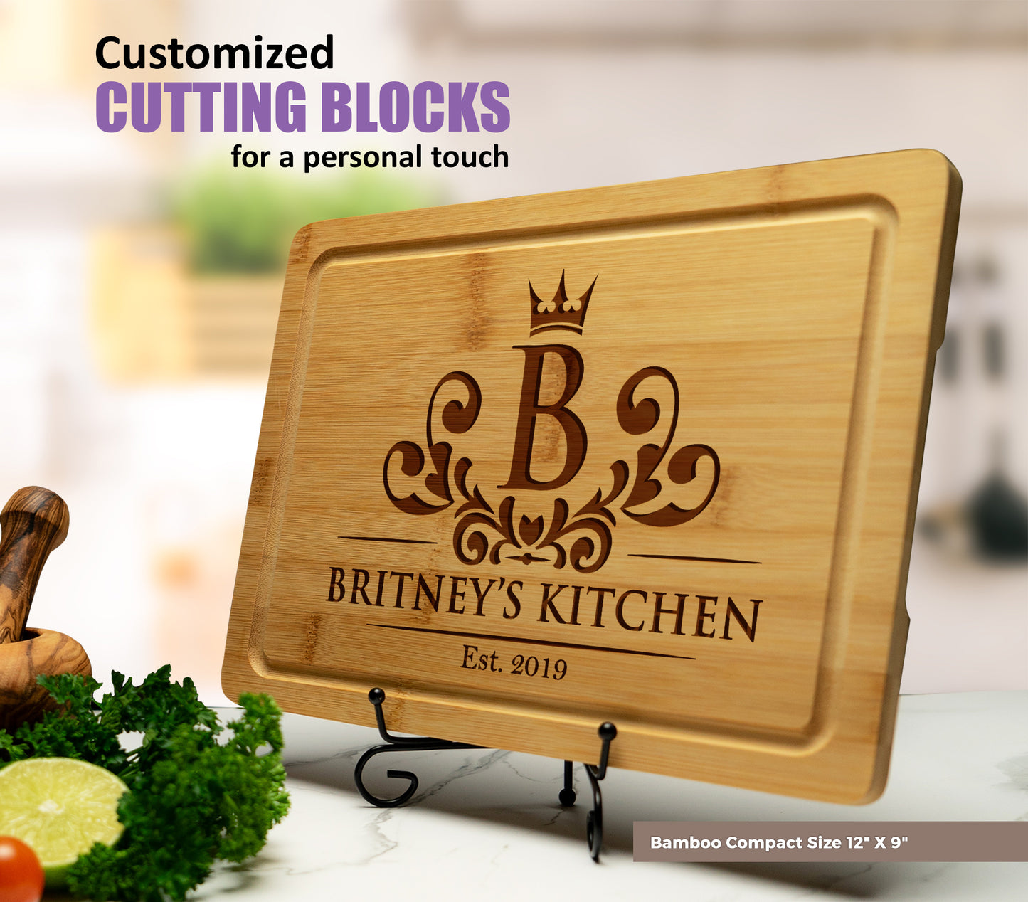 Tayfus Personalized Cutting Board with Crown and Flourish Design