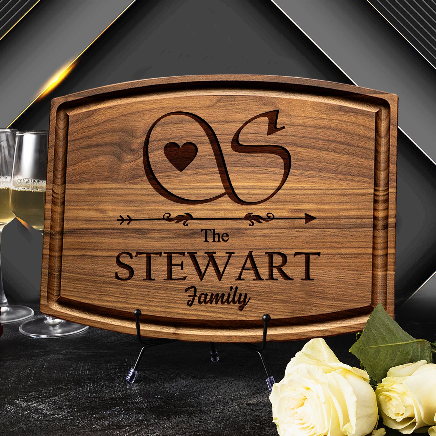 Tayfus Personalized Walnut Cutting Board - Stewart Family Heart & Arrow Design