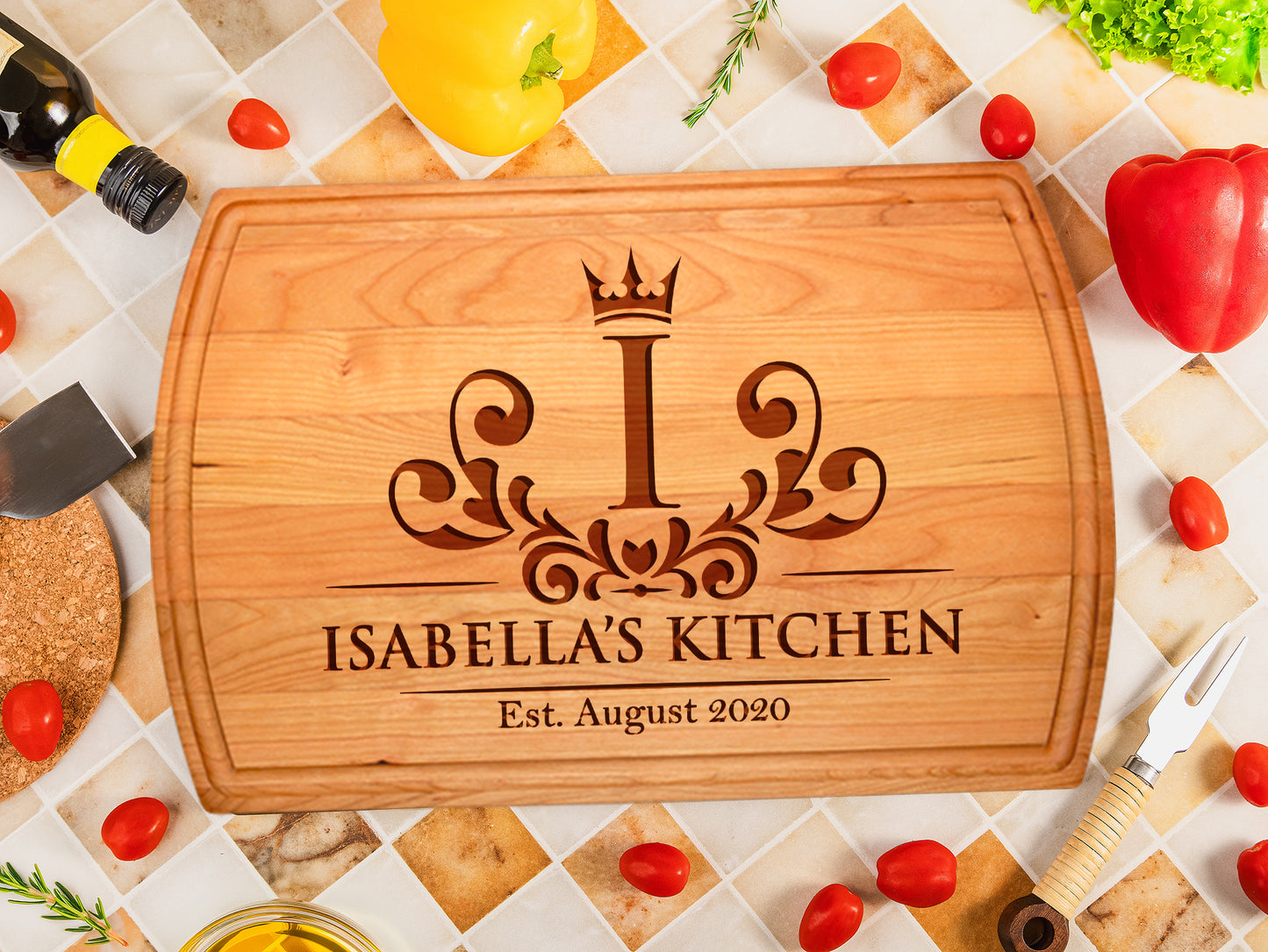 Tayfus Personalized Cutting Board with Crown and Flourish Design