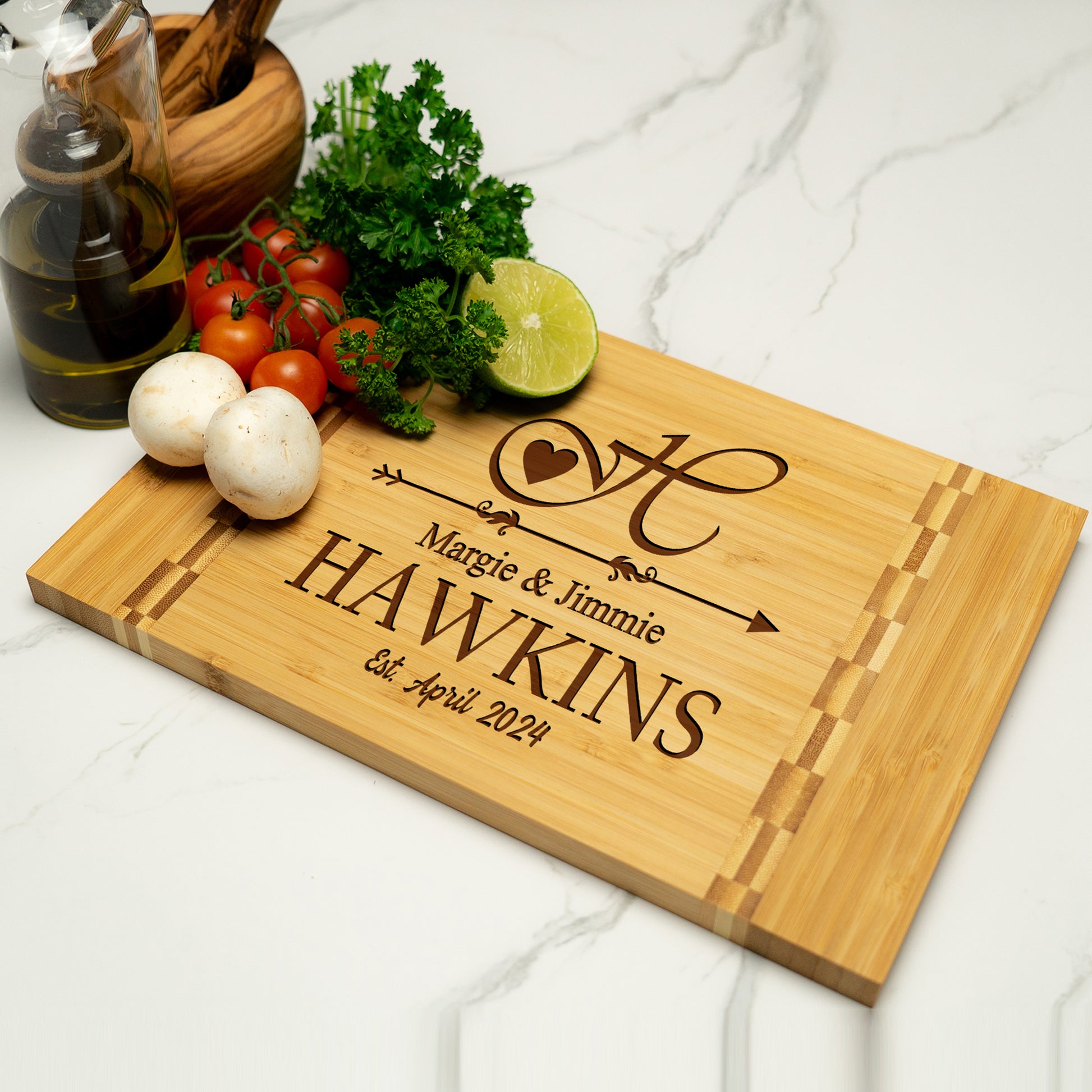 Tayfus Personalized Walnut Cutting Board - Stewart Family Heart & Arrow Design