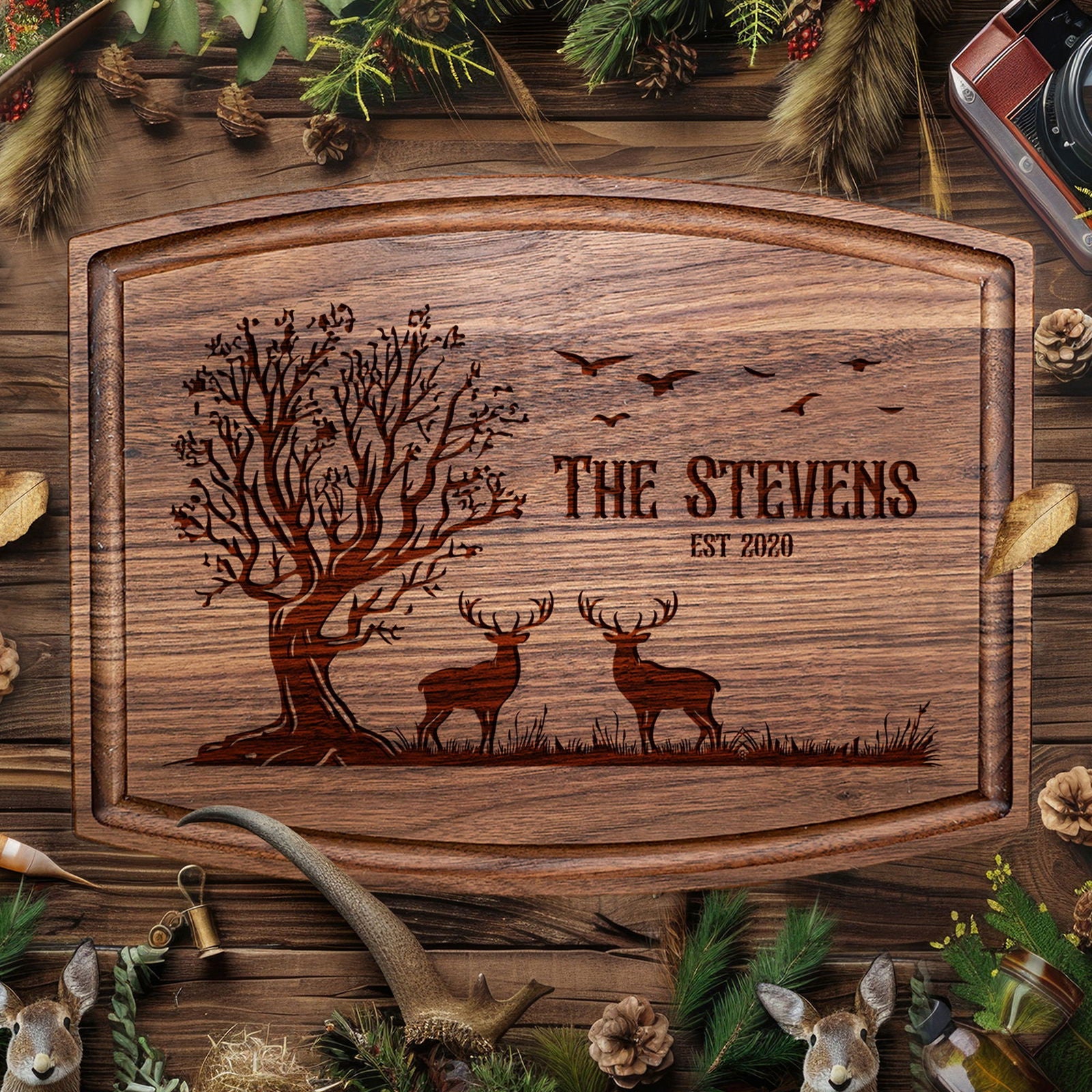 Rustic Personalized Cutting Board with Deer and Tree Scene - Tayfus