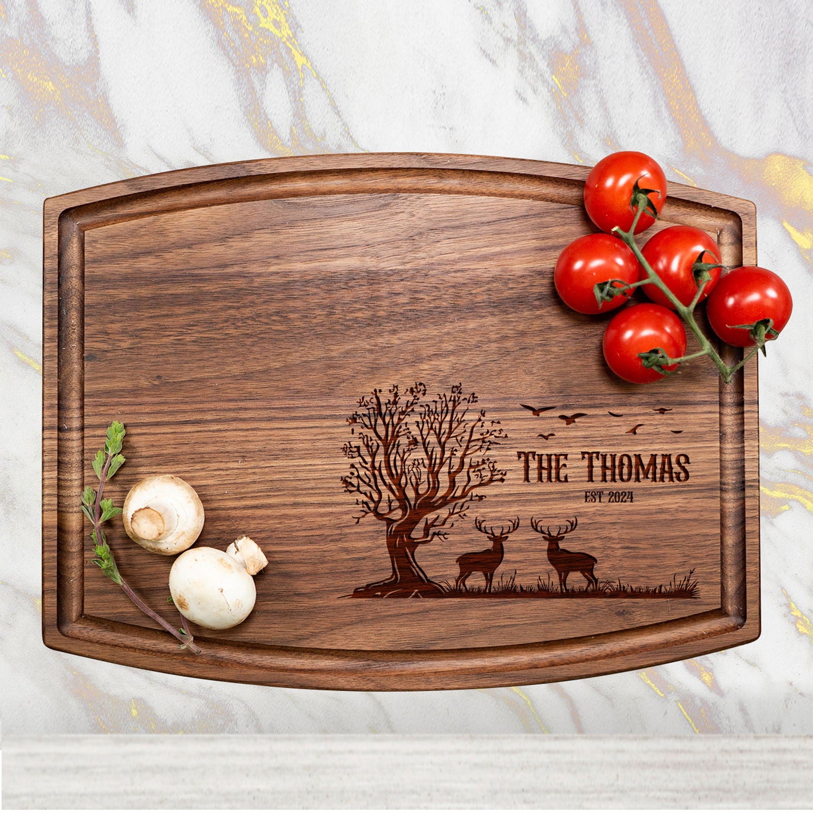 Rustic Personalized Cutting Board with Deer and Tree Scene - Tayfus