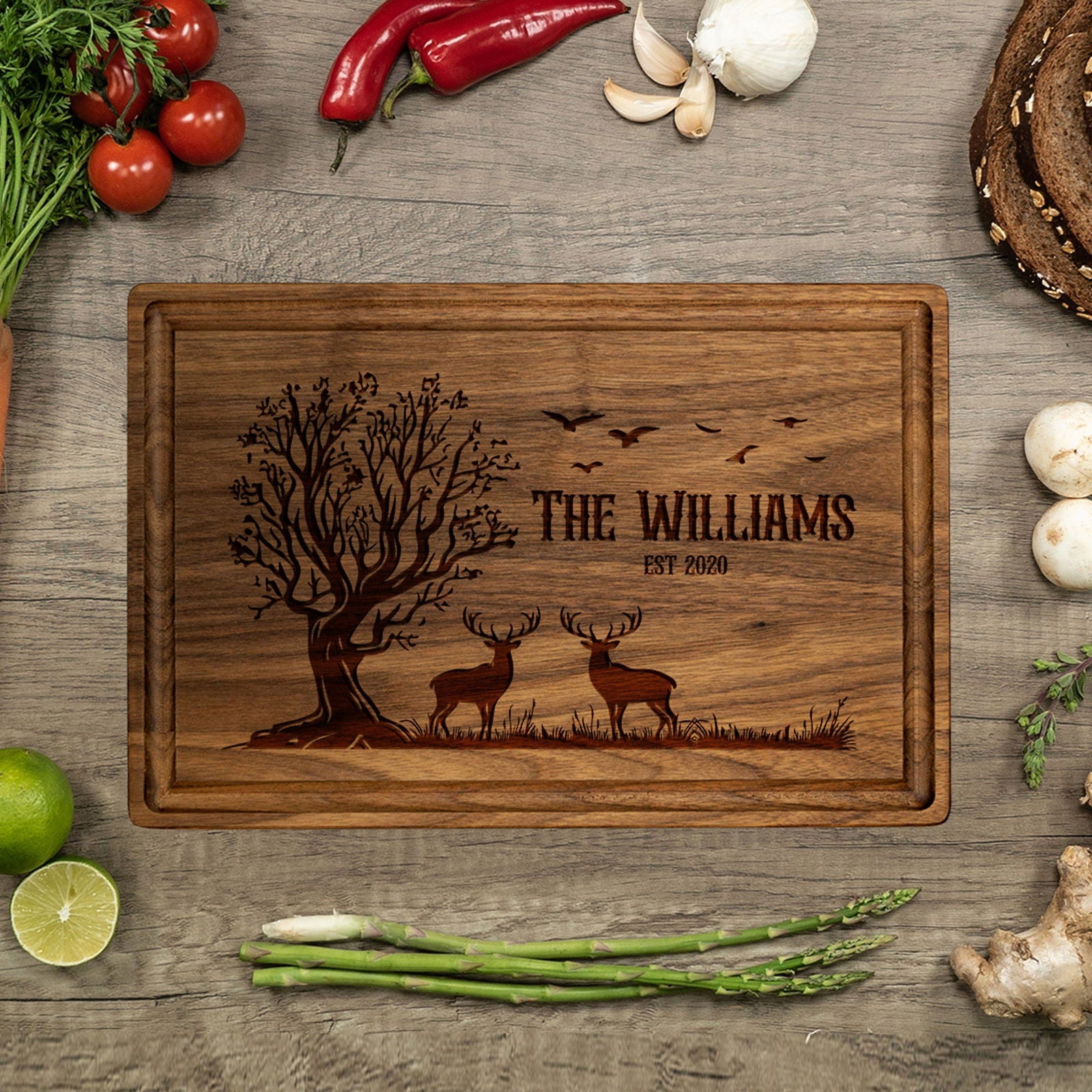 Rustic Personalized Cutting Board with Deer and Tree Scene - Tayfus