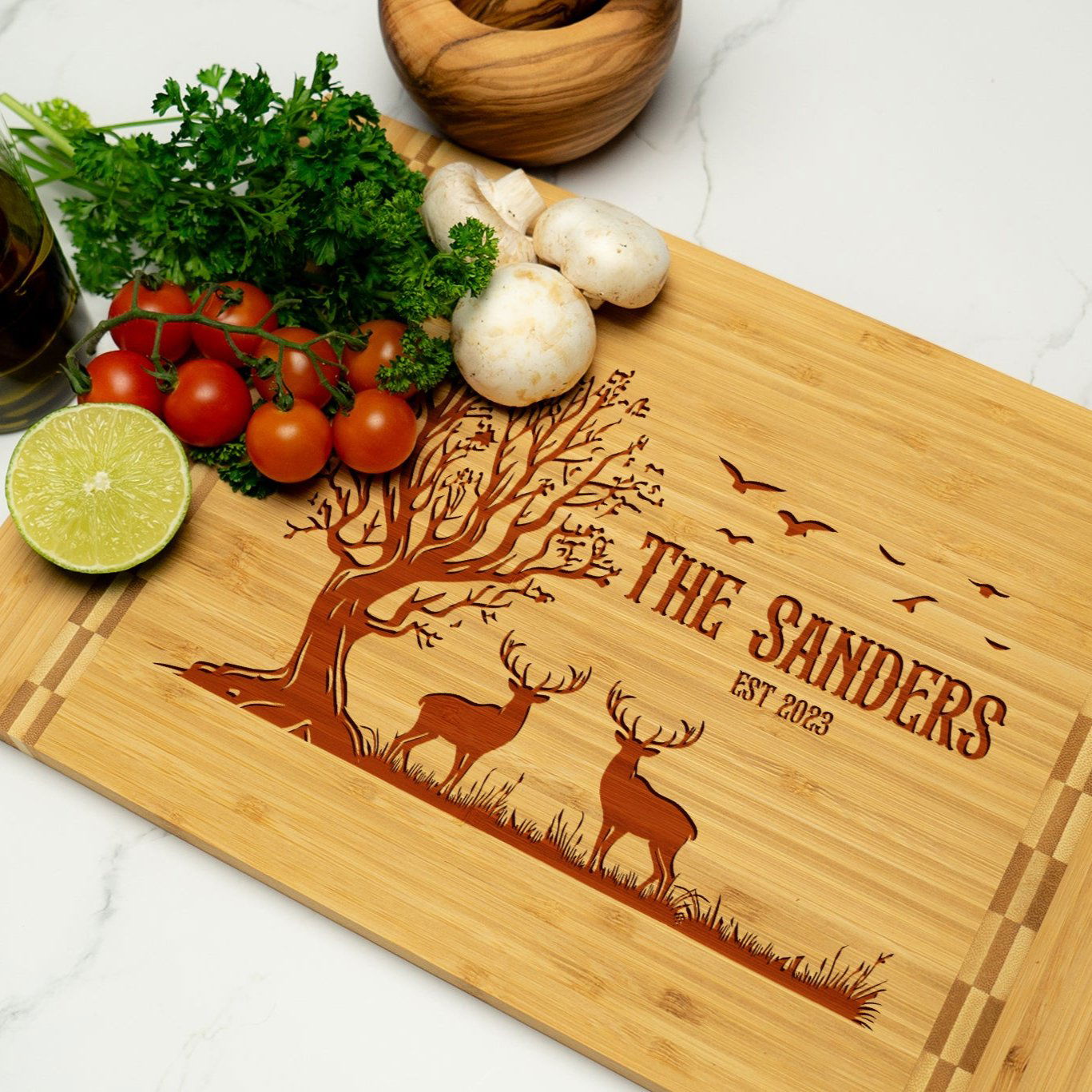 Rustic Personalized Cutting Board with Deer and Tree Scene - Tayfus