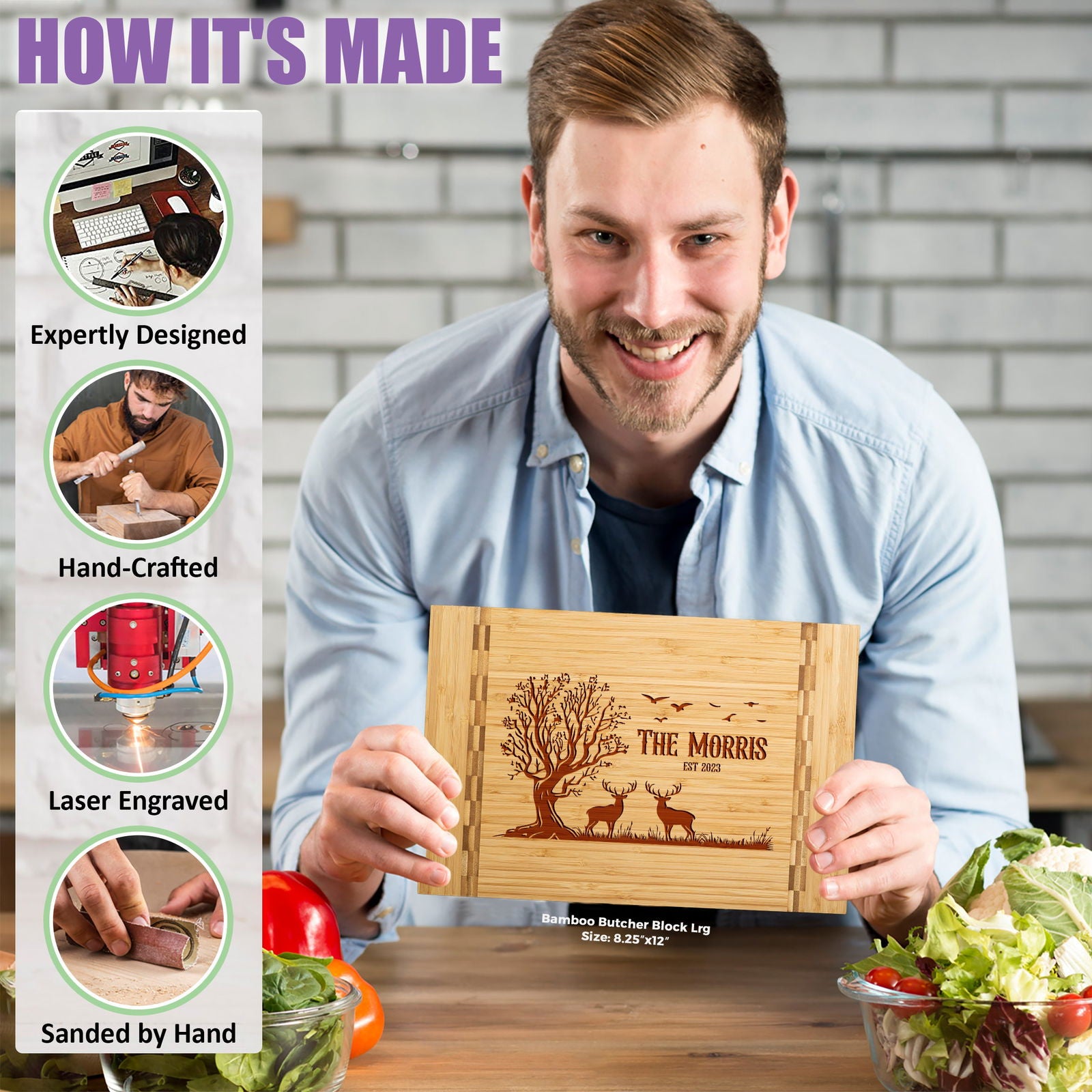 Rustic Personalized Cutting Board with Deer and Tree Scene - Tayfus
