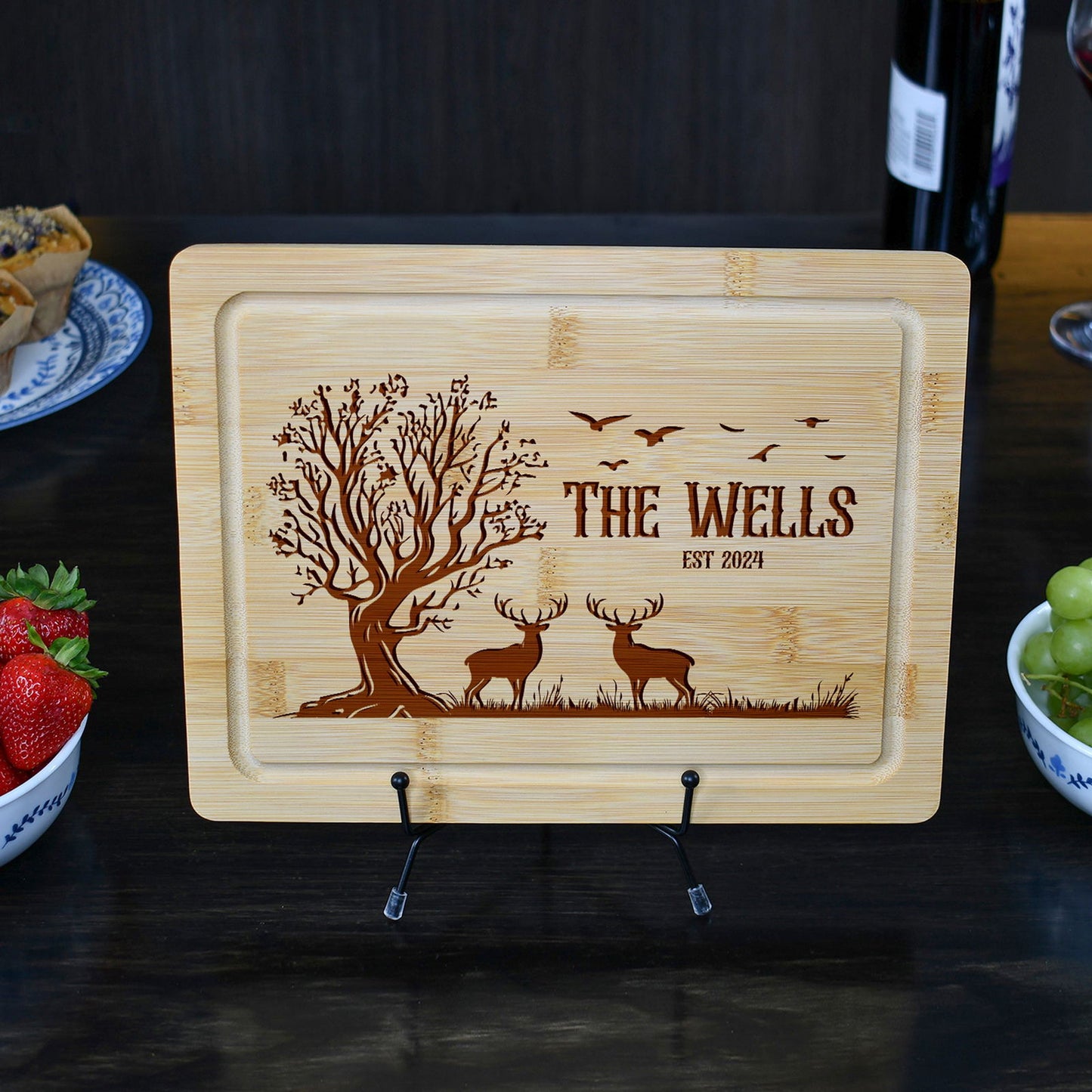 Rustic Personalized Cutting Board with Deer and Tree Scene - Tayfus