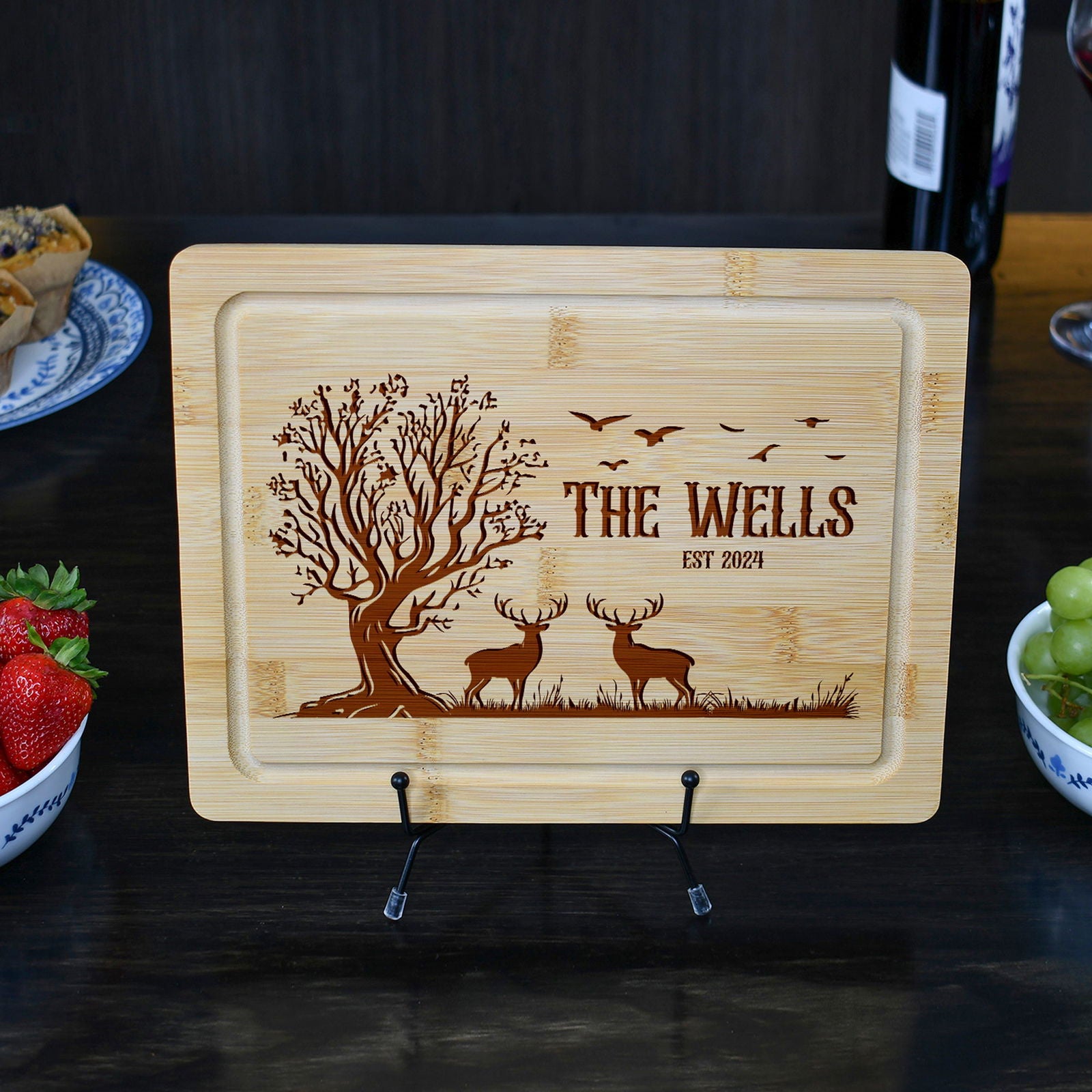 Rustic Personalized Cutting Board with Deer and Tree Scene - Tayfus