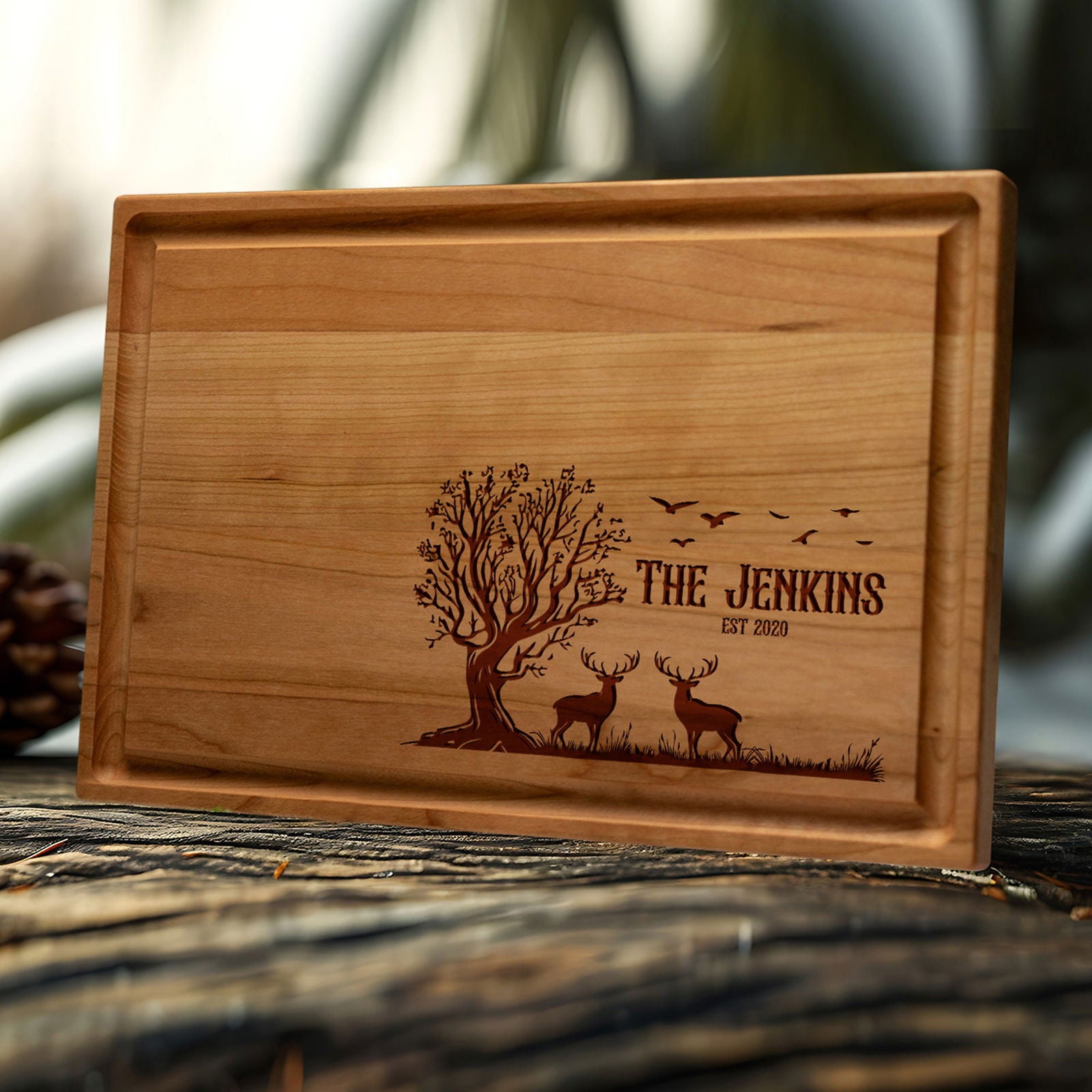 Rustic Personalized Cutting Board with Deer and Tree Scene - Tayfus