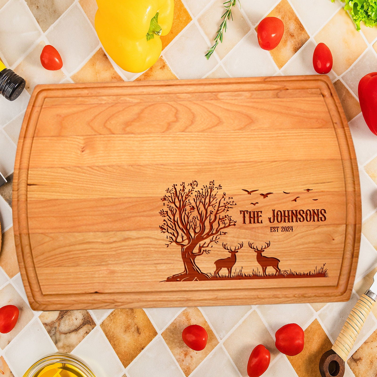 Rustic Personalized Cutting Board with Deer and Tree Scene - Tayfus