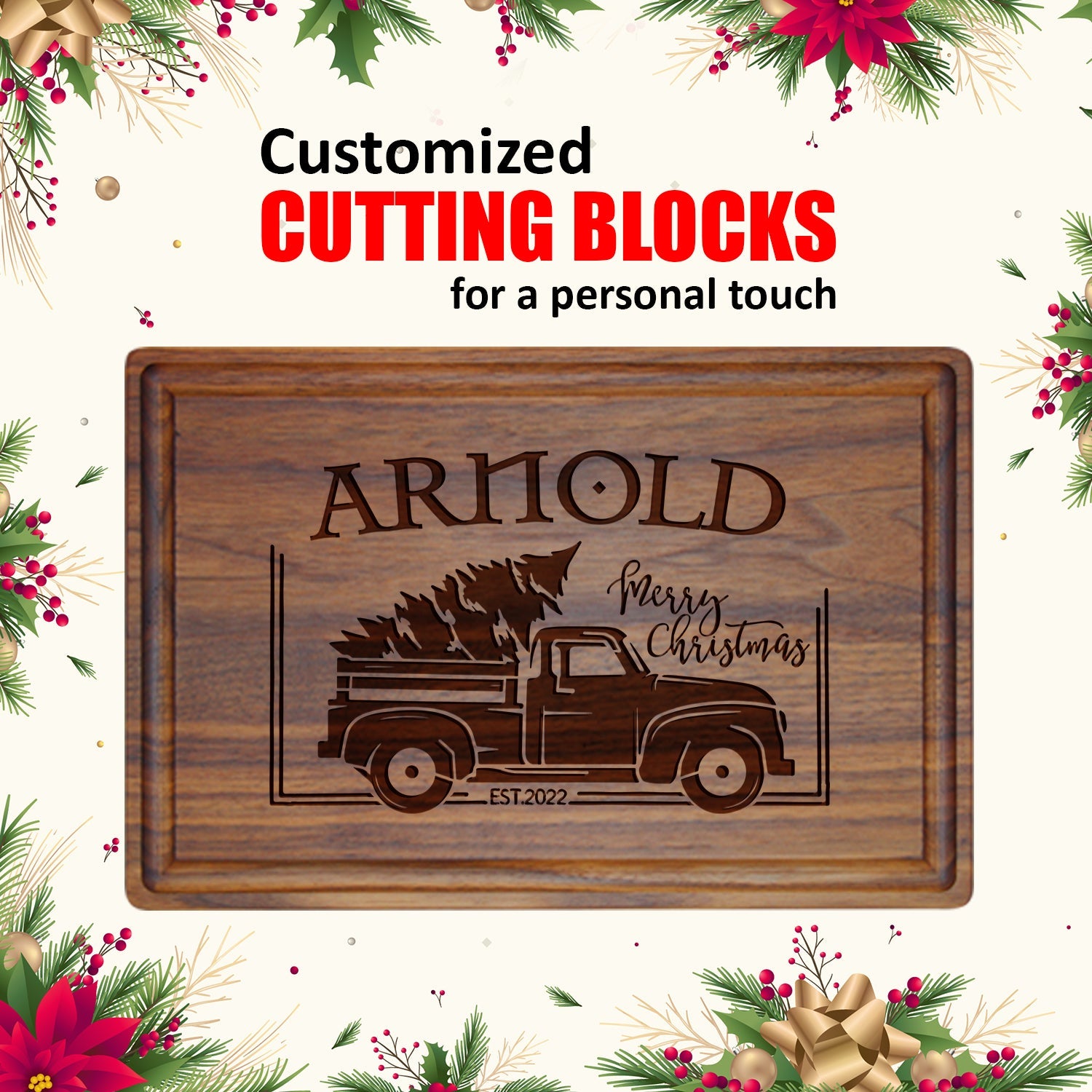 Festive Christmas Cutting Board with Vintage Truck and Family Name - Tayfus