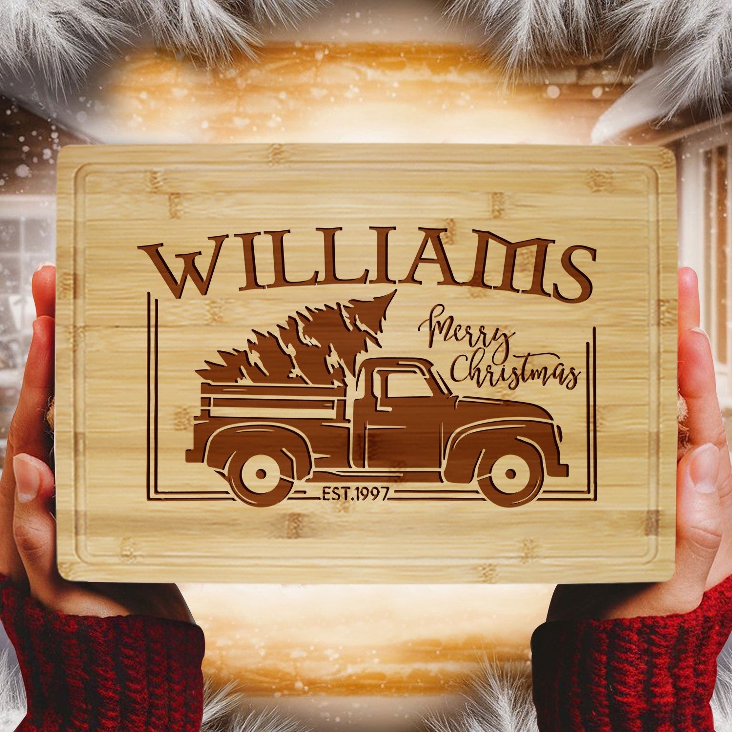 Festive Christmas Cutting Board with Vintage Truck and Family Name - Tayfus