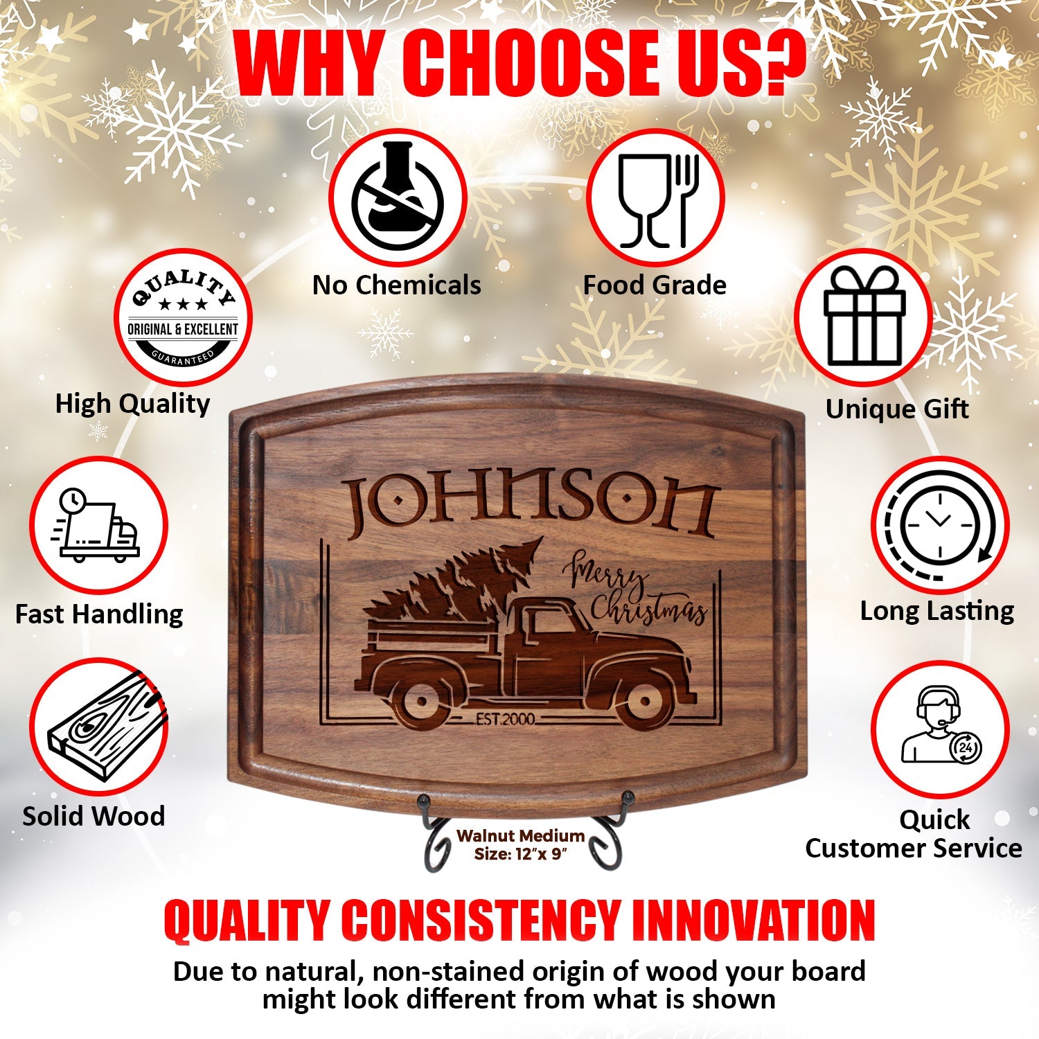 Festive Christmas Cutting Board with Vintage Truck and Family Name - Tayfus