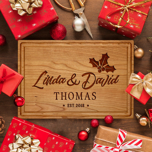 Custom Cutting Board with Holly Design and Ribbon Details - Tayfus