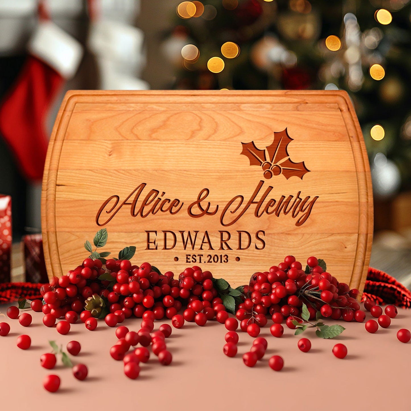 Custom Cutting Board with Holly Design and Ribbon Details - Tayfus