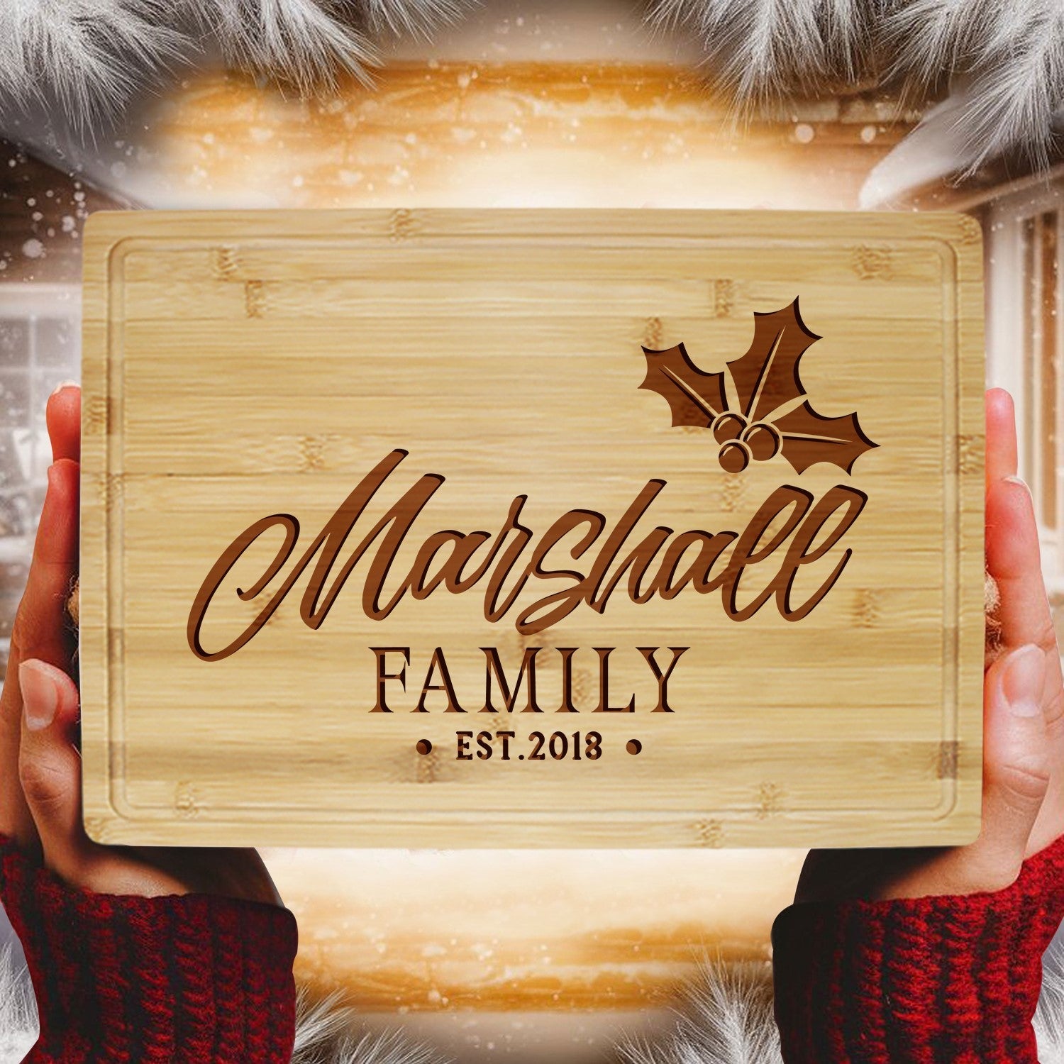 Custom Cutting Board with Holly Design and Ribbon Details - Tayfus