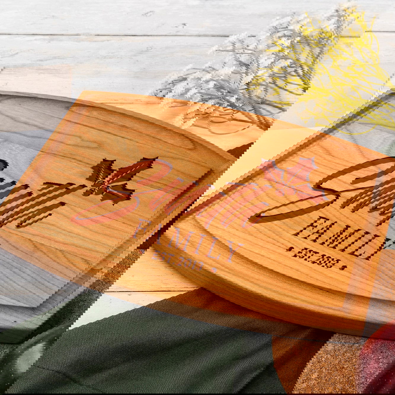 Tayfus Custom Cutting Board with Holly Design and Ribbon Details