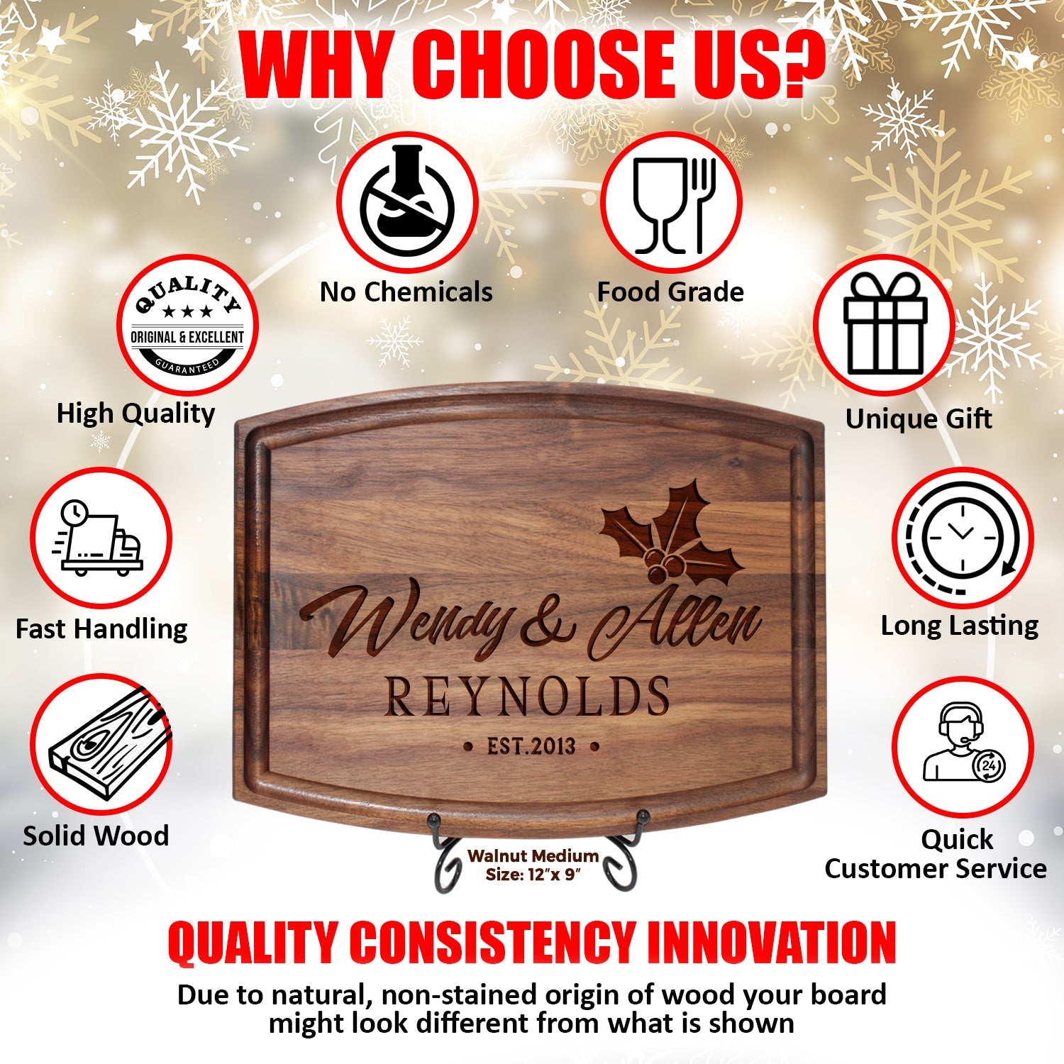 Tayfus Custom Cutting Board with Holly Design and Ribbon Details