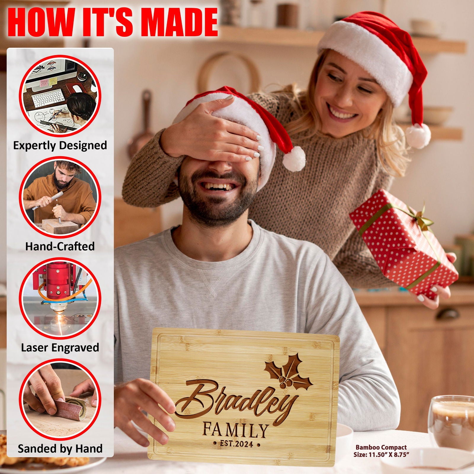 Tayfus Custom Cutting Board with Holly Design and Ribbon Details