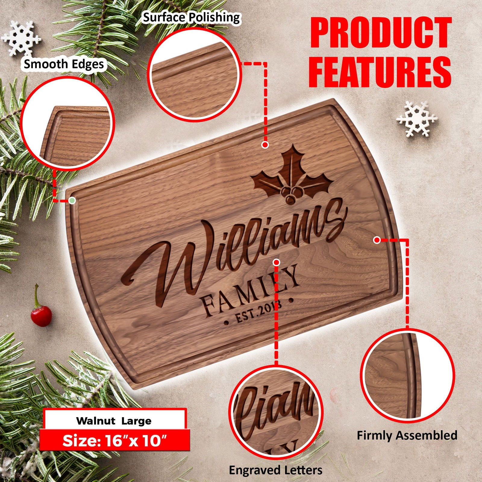 Tayfus Custom Cutting Board with Holly Design and Ribbon Details
