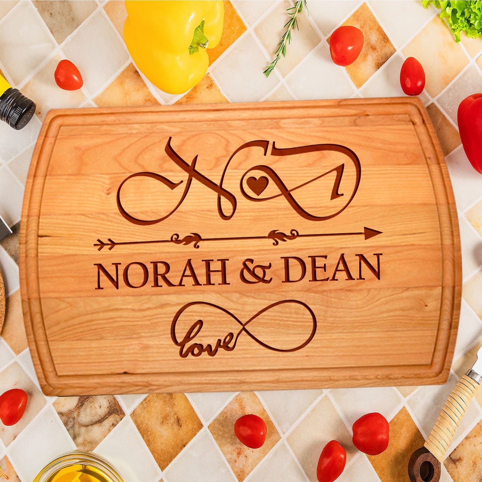 Personalized Cutting Board with Monogram Arrow and Heart Design - Tayfus