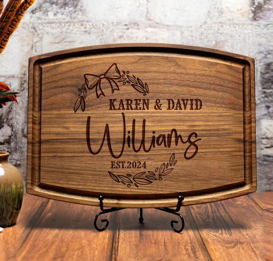Custom Family Cutting Board with Ribbon and Leaf Design - Tayfus