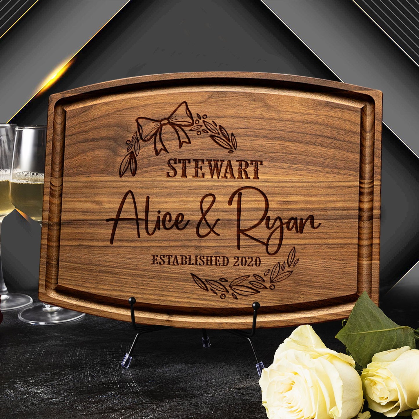Custom Family Cutting Board with Ribbon and Leaf Design - Tayfus
