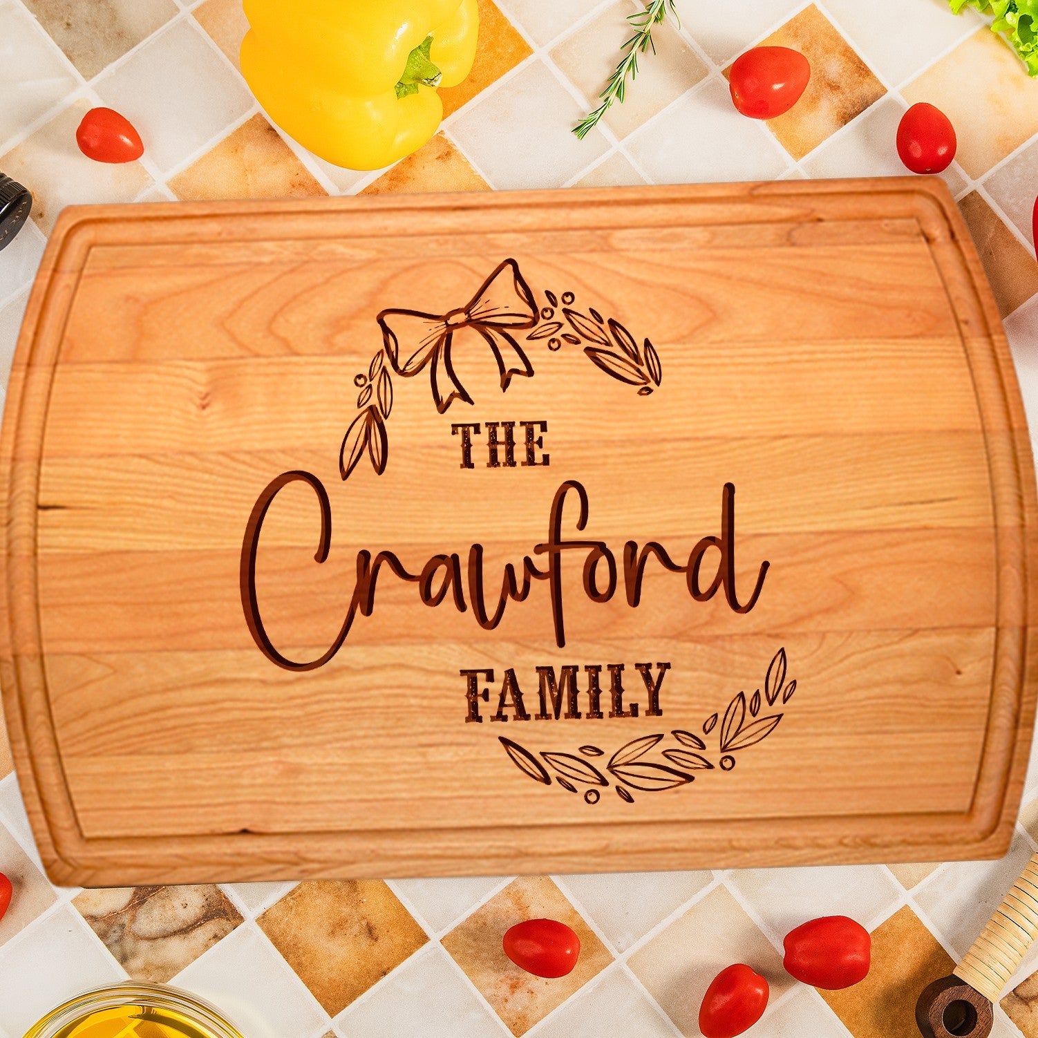 Custom Family Cutting Board with Ribbon and Leaf Design - Tayfus