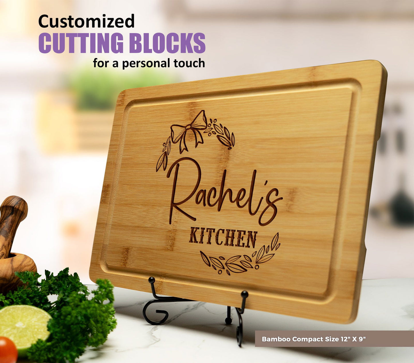 Custom Family Cutting Board with Ribbon and Leaf Design - Tayfus