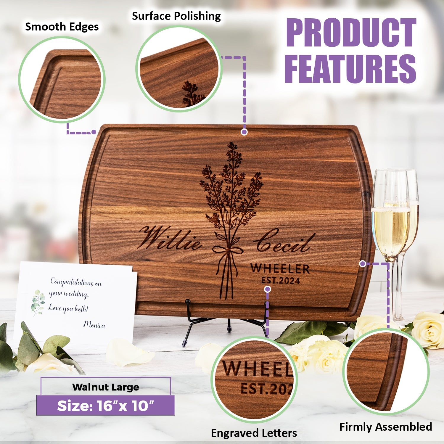 Custom Cutting Board with Floral Bouquet and Elegant Script Design - Tayfus