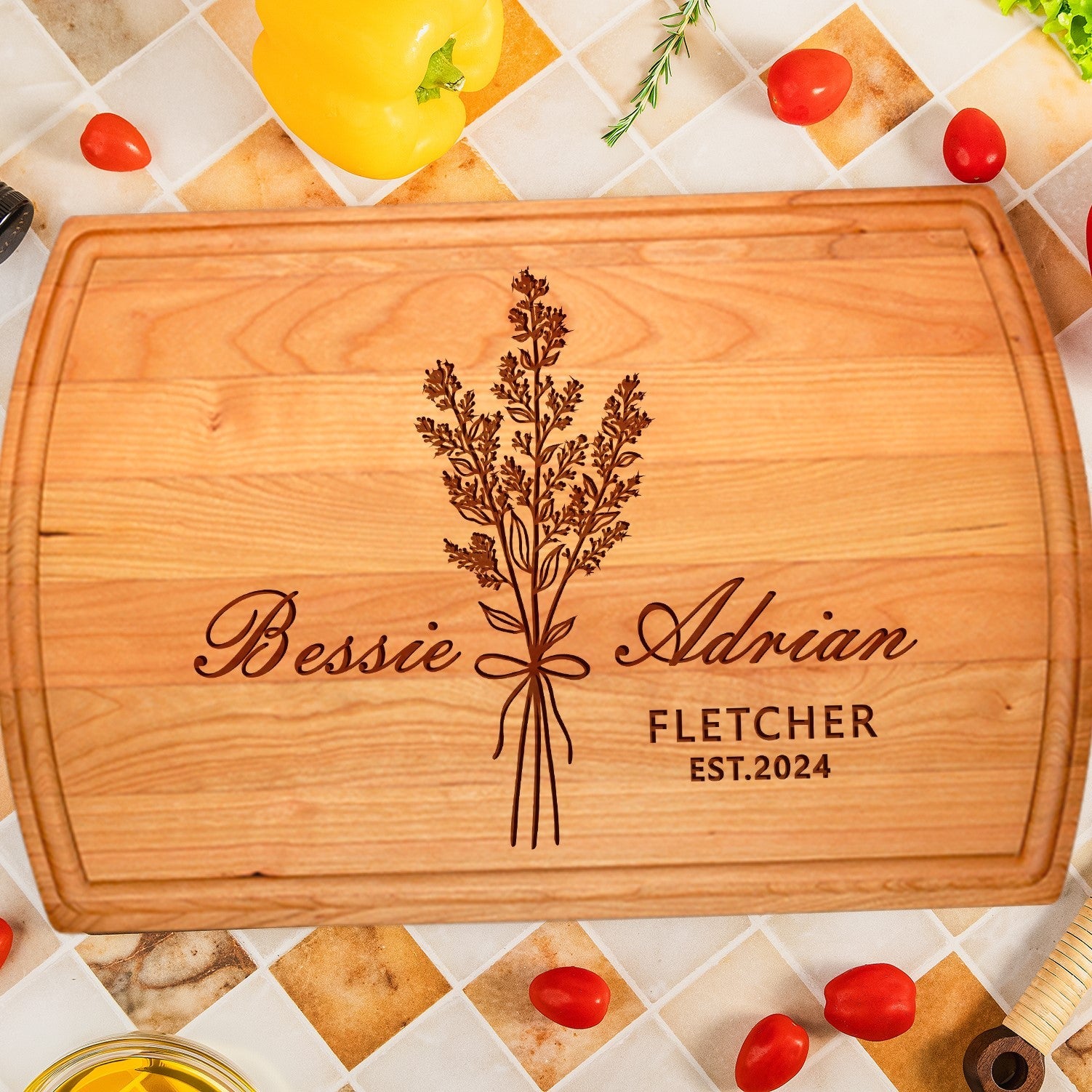 Custom Cutting Board with Floral Bouquet and Elegant Script Design - Tayfus